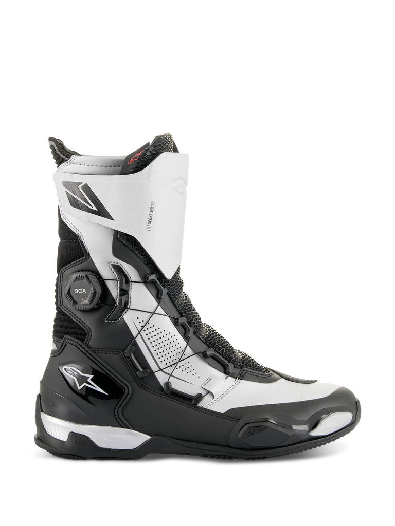 Alpinestars SP-X BOA® Boots, mid-height motorcycle sport boots, Black and Silver, featuring the side-mounted BOA Fit System, TPU protection, and breathable Rideknit material, sleek design for sport touring riding
