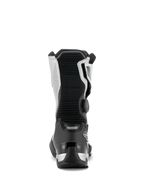 Buty Alpinestars SP-X BOA®, czarno-srebrne, widok z tyłu średniej wysokości butów motocyklowych sportowo-turystycznych, wyposażone w czarny zapiętek TPU, srebrne panele boczne i boczny system BOA, elegancki i ochronny design
