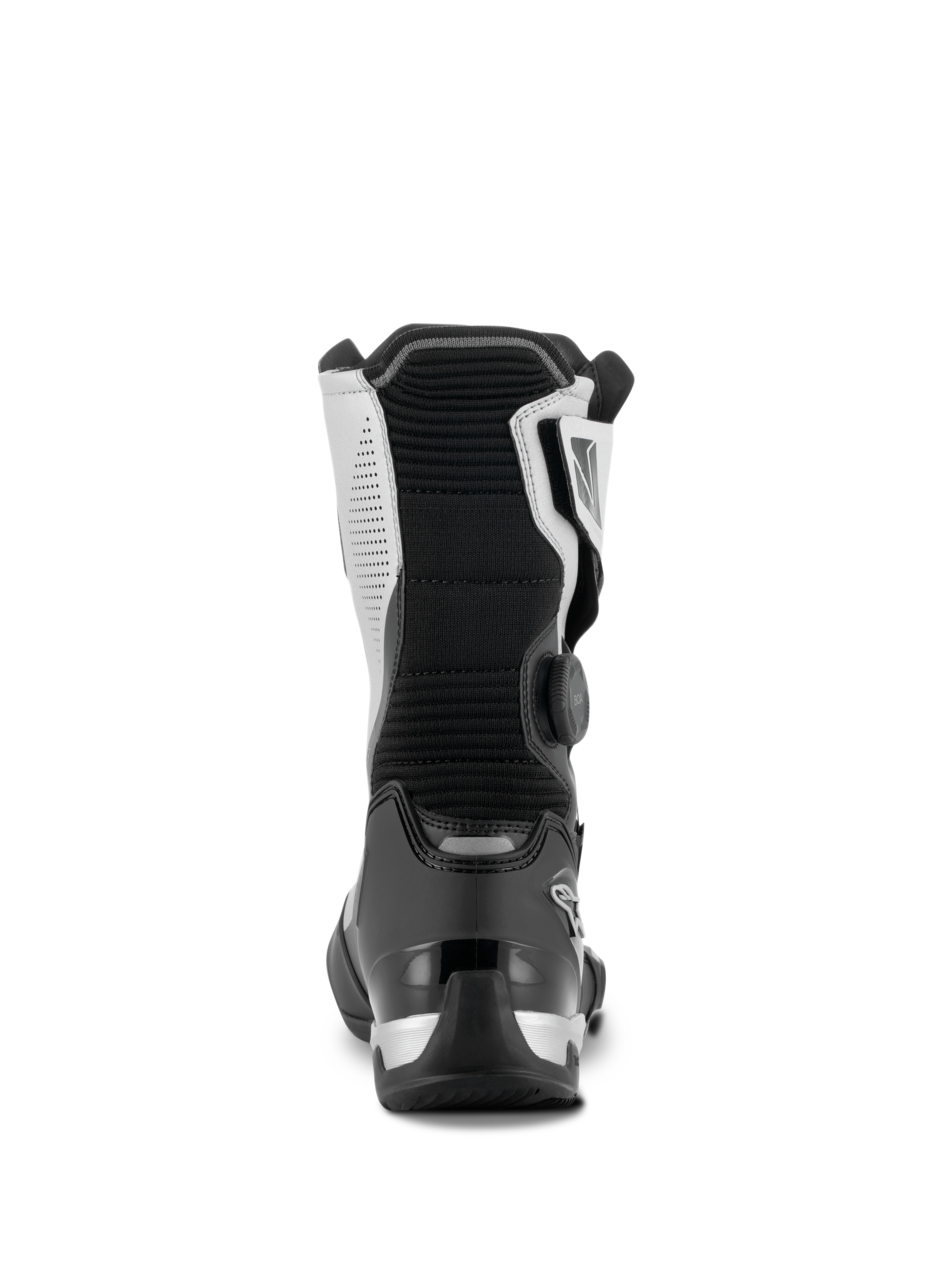 Buty Alpinestars SP-X BOA®, czarno-srebrne, widok z tyłu średniej wysokości butów motocyklowych sportowo-turystycznych, wyposażone w czarny zapiętek TPU, srebrne panele boczne i boczny system BOA, elegancki i ochronny design