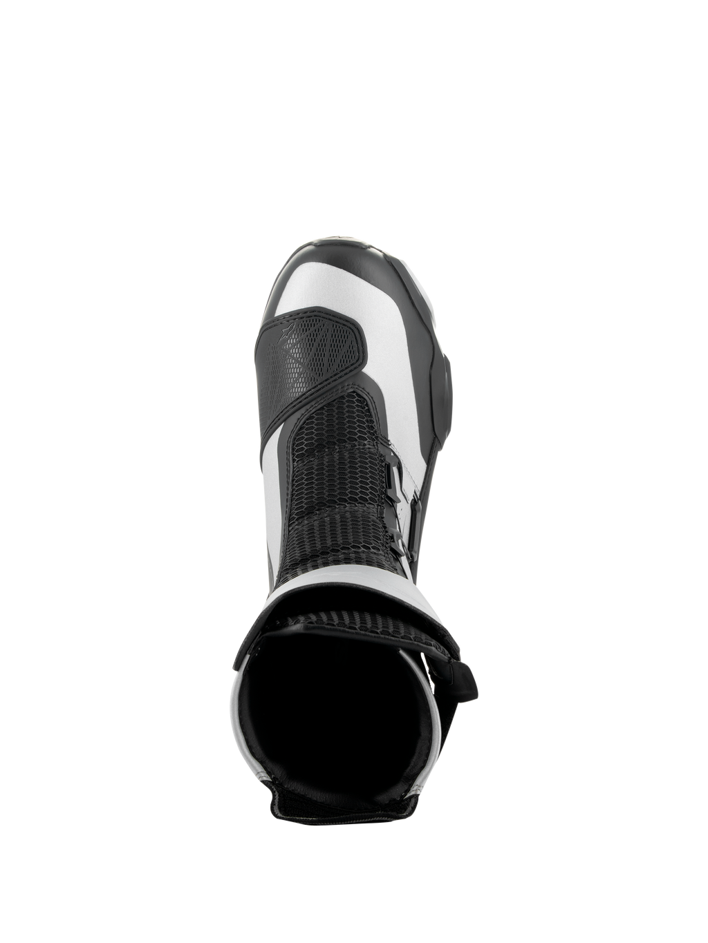 Buty Alpinestars SP-X BOA, czarno-srebrne, widok z góry ukazujący górny otwór i siateczkowy język, smukłe sportowe buty motocyklowe o średniej wysokości z zaawansowanej mikrofibry i materiału Rideknit