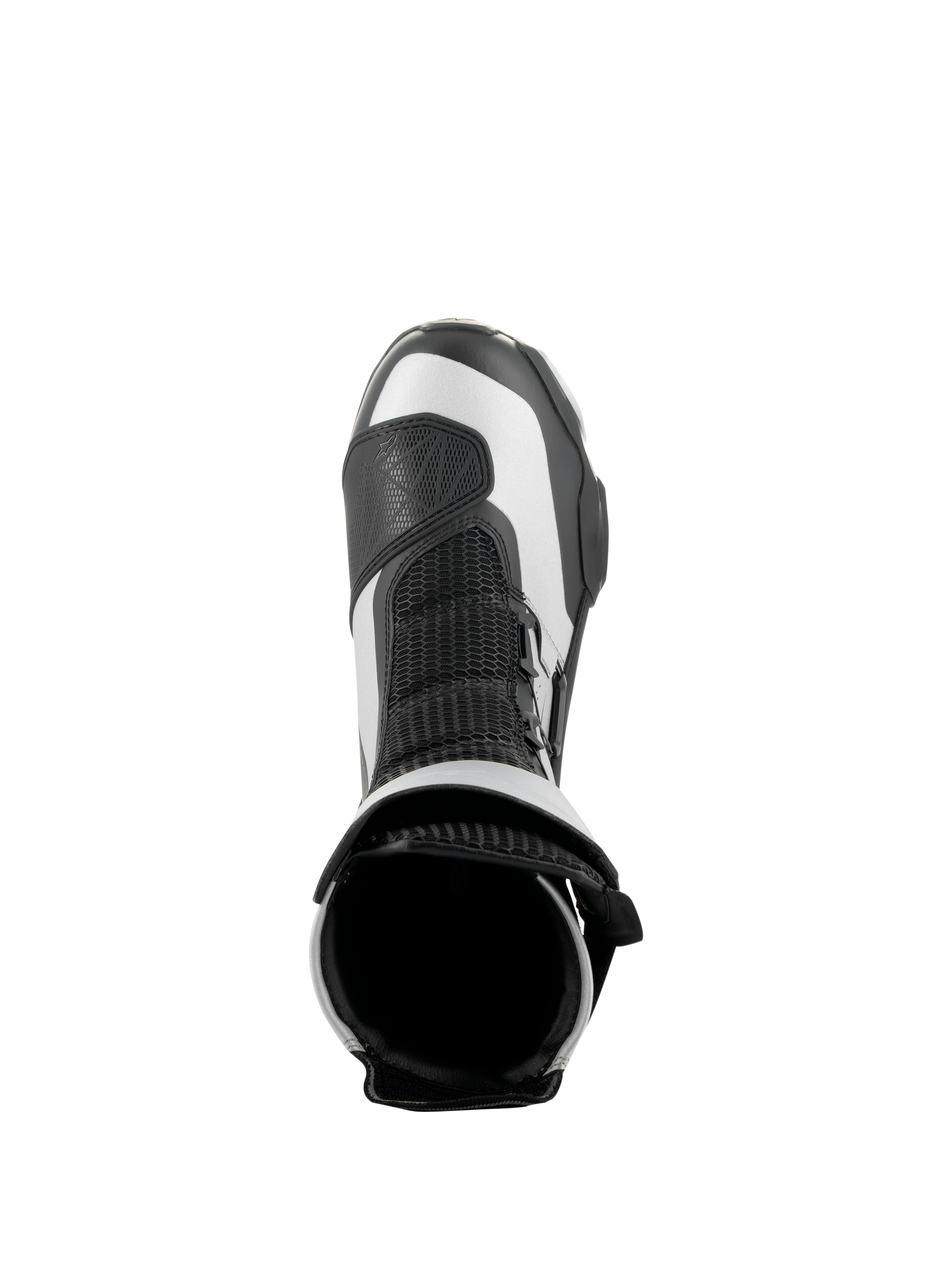 Buty Alpinestars SP-X BOA, czarno-srebrne, widok z góry ukazujący górny otwór i siateczkowy język, smukłe sportowe buty motocyklowe o średniej wysokości z zaawansowanej mikrofibry i materiału Rideknit