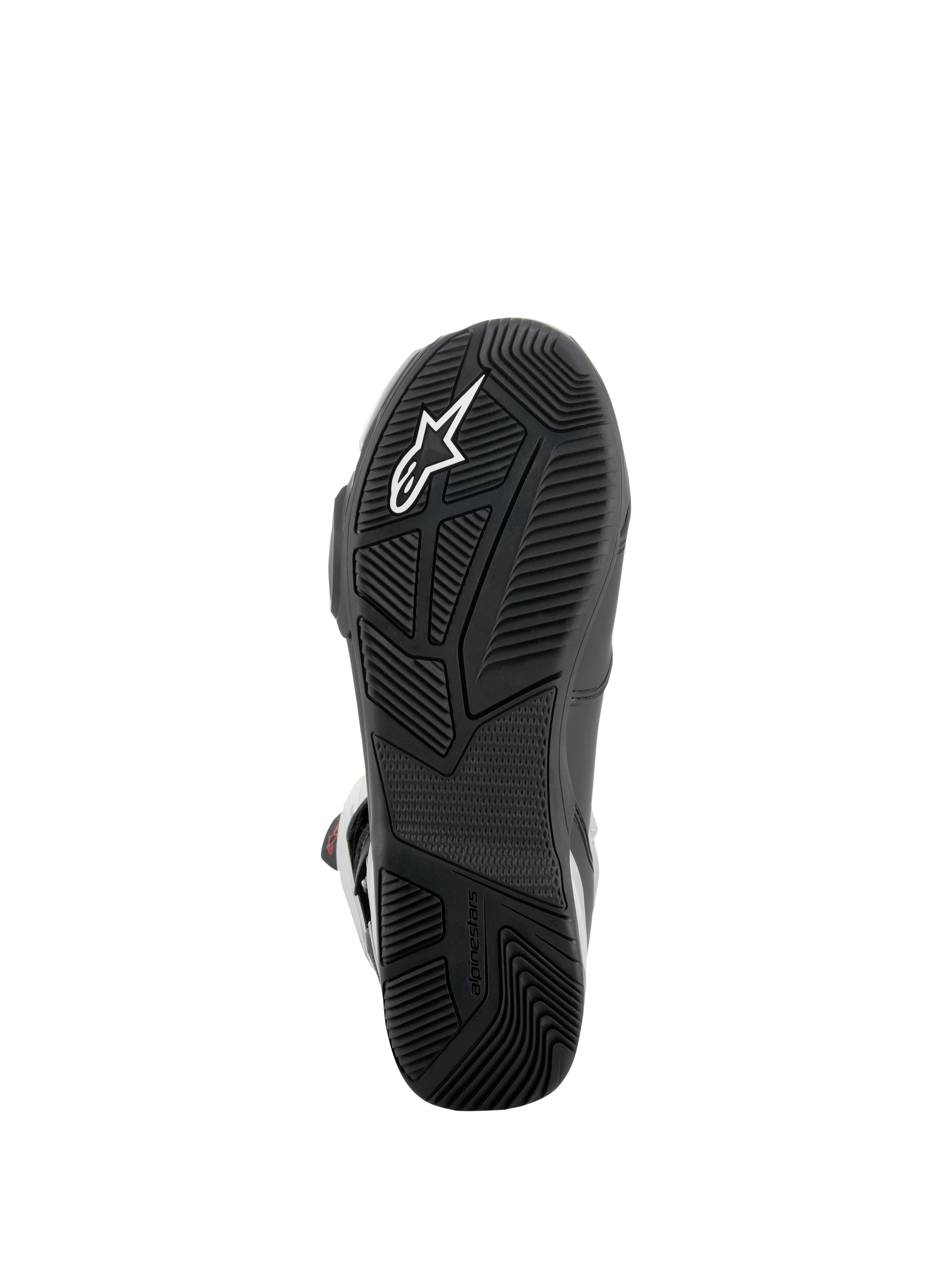 Buty Alpinestars SP-X BOA®, widok podeszwy, czarne, teksturowana gumowa podeszwa zewnętrzna z białym logo gwiazdy, asymetryczna konstrukcja pięty dla stabilności, specjalistyczne wzory bieżnika dla przyczepności do podnóżków