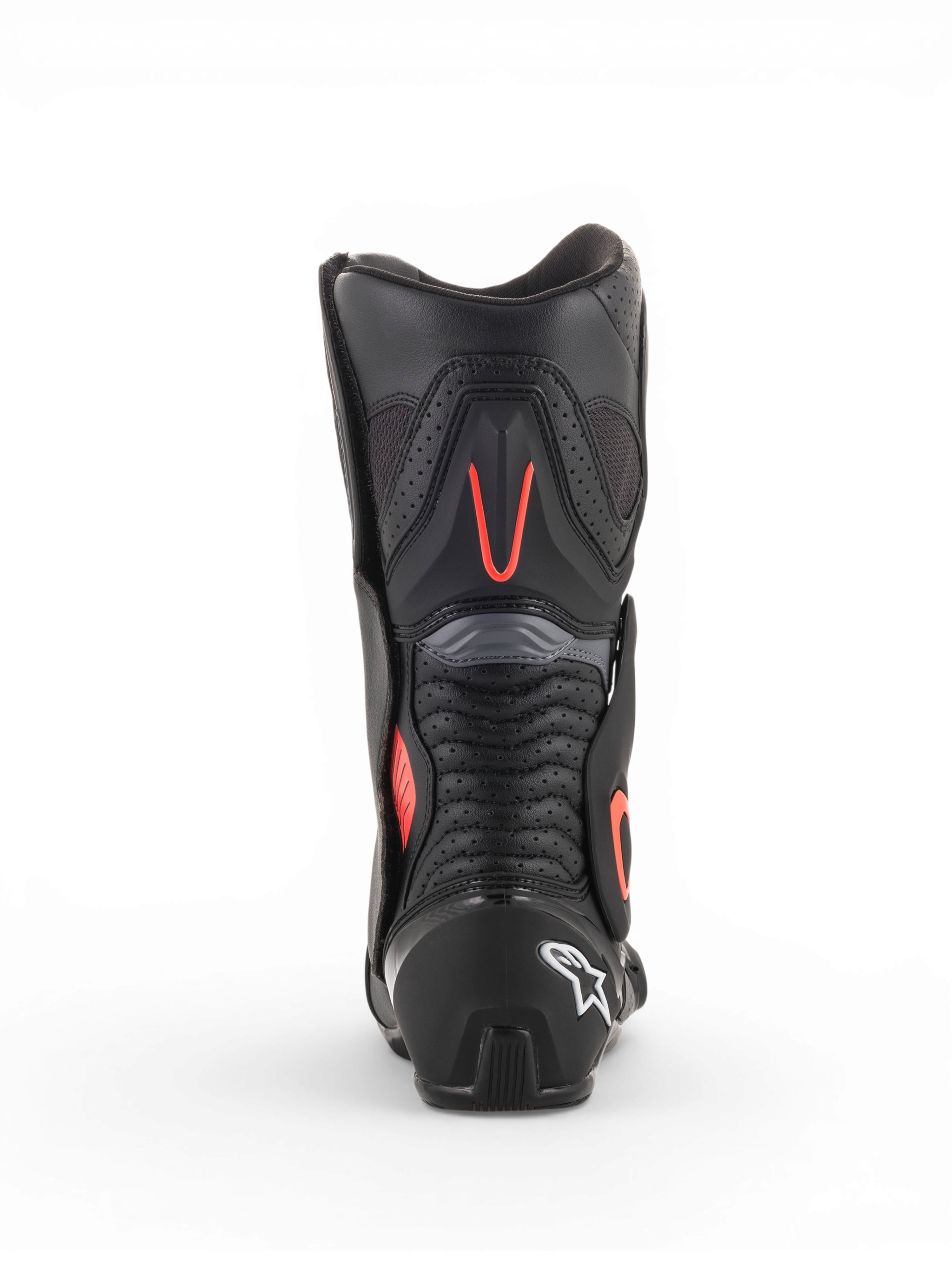Alpinestars SMX-6 V2 Vented Boots, men’s motorcycle racing boots in black and gray with fluorescent red accents, rear view showing perforated ventilation panels and protective heel