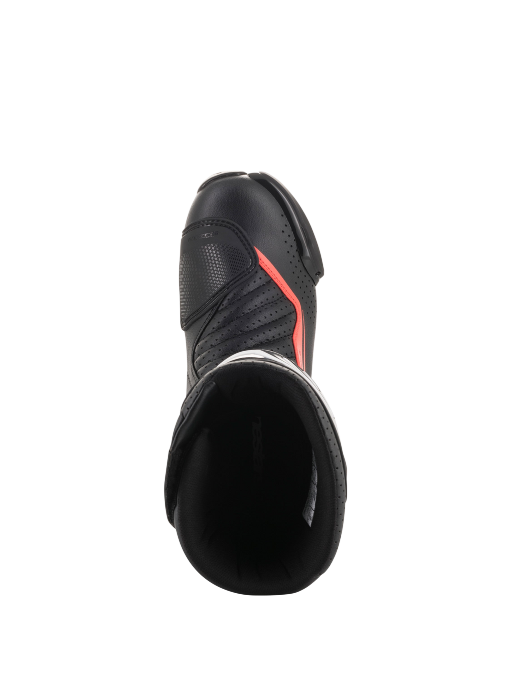 Alpinestars SMX-6 V2 Vented Boots, black motorcycle racing boot with fluorescent red accents, top view showing perforated upper, ankle protection and boot opening