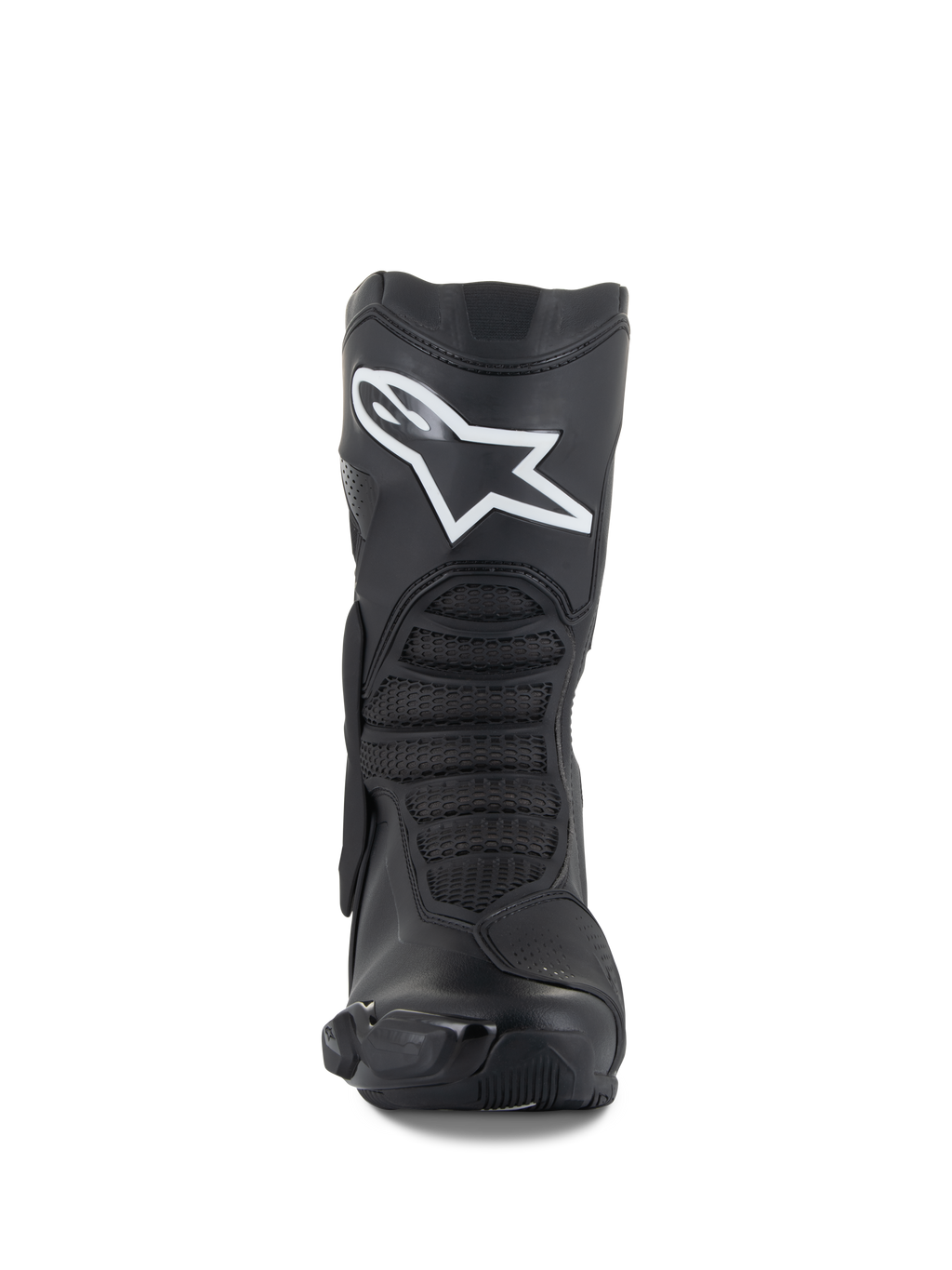 Buty Alpinestars SMX-6 V3, czarne, wyczynowe buty motocyklowe, widok z przodu z wyraźnym białym logo Astar na goleni, teksturowane przednie strefy zgięcia i smukłe elementy ochronne z TPU