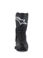 Buty Alpinestars SMX-6 V3, czarne, wyczynowe buty motocyklowe, widok z przodu z wyraźnym białym logo Astar na goleni, teksturowane przednie strefy zgięcia i smukłe elementy ochronne z TPU