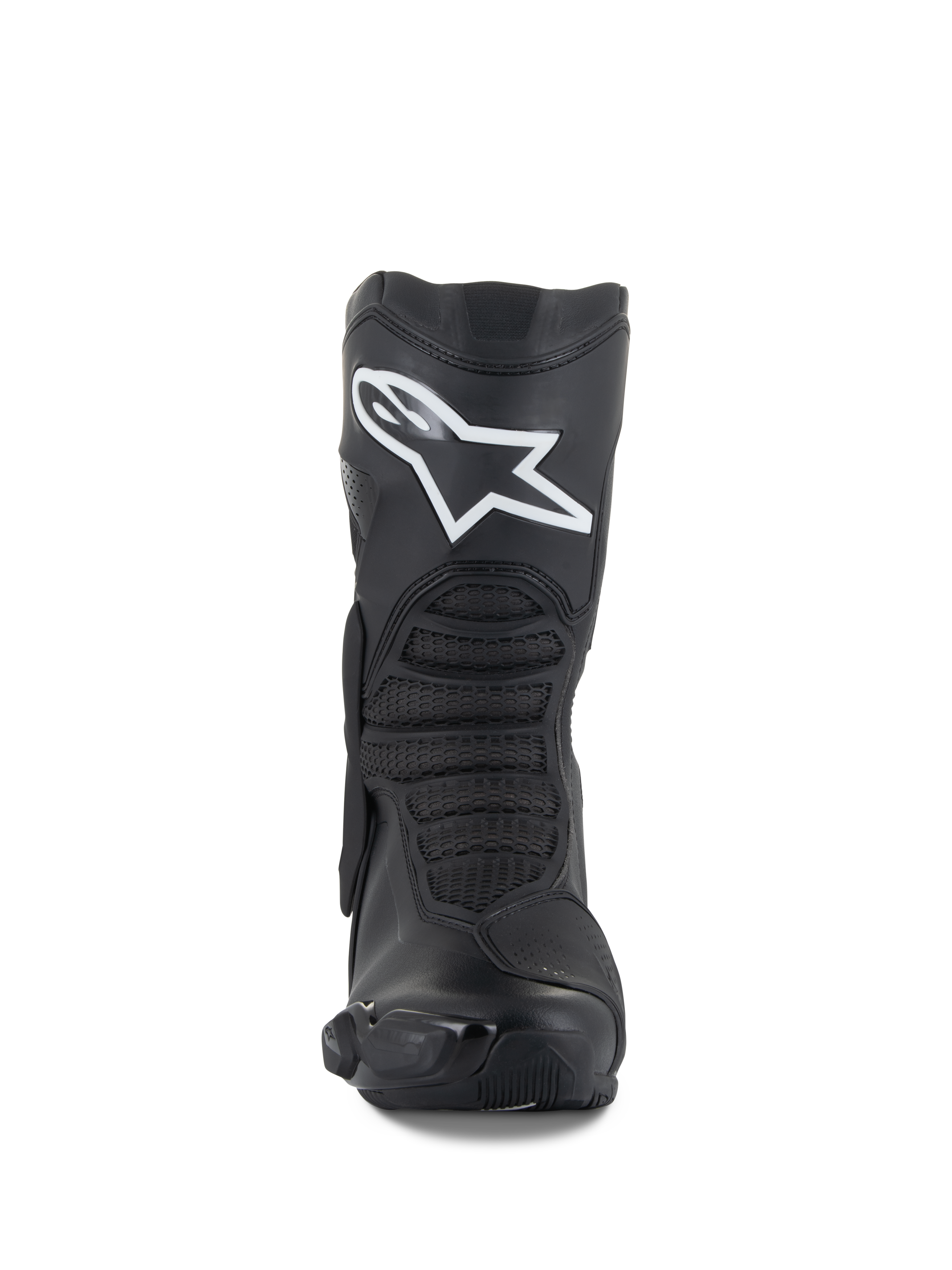 Buty Alpinestars SMX-6 V3, czarne, wyczynowe buty motocyklowe, widok z przodu z wyraźnym białym logo Astar na goleni, teksturowane przednie strefy zgięcia i smukłe elementy ochronne z TPU