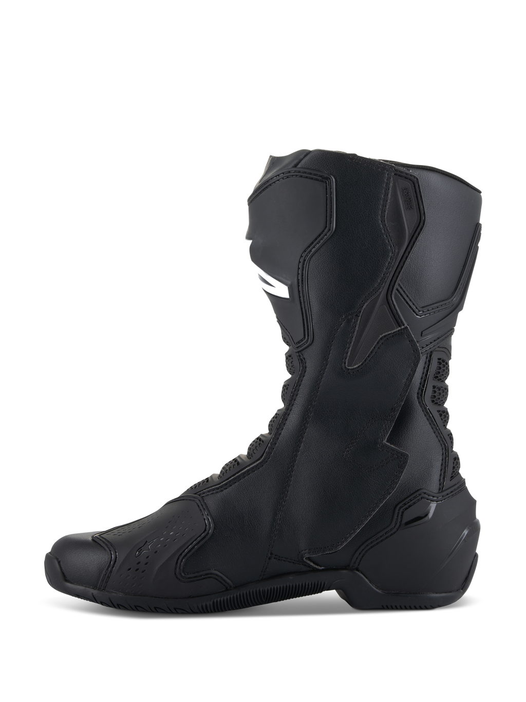 Buty Alpinestars SMX-6 V3, czarne, wyczynowe buty motocyklowe, profil boczny prezentujący ochraniacz goleni TPU i biomechaniczny stabilizator kostki, konstrukcja z mikrofibry o opływowym wyścigowym designie
