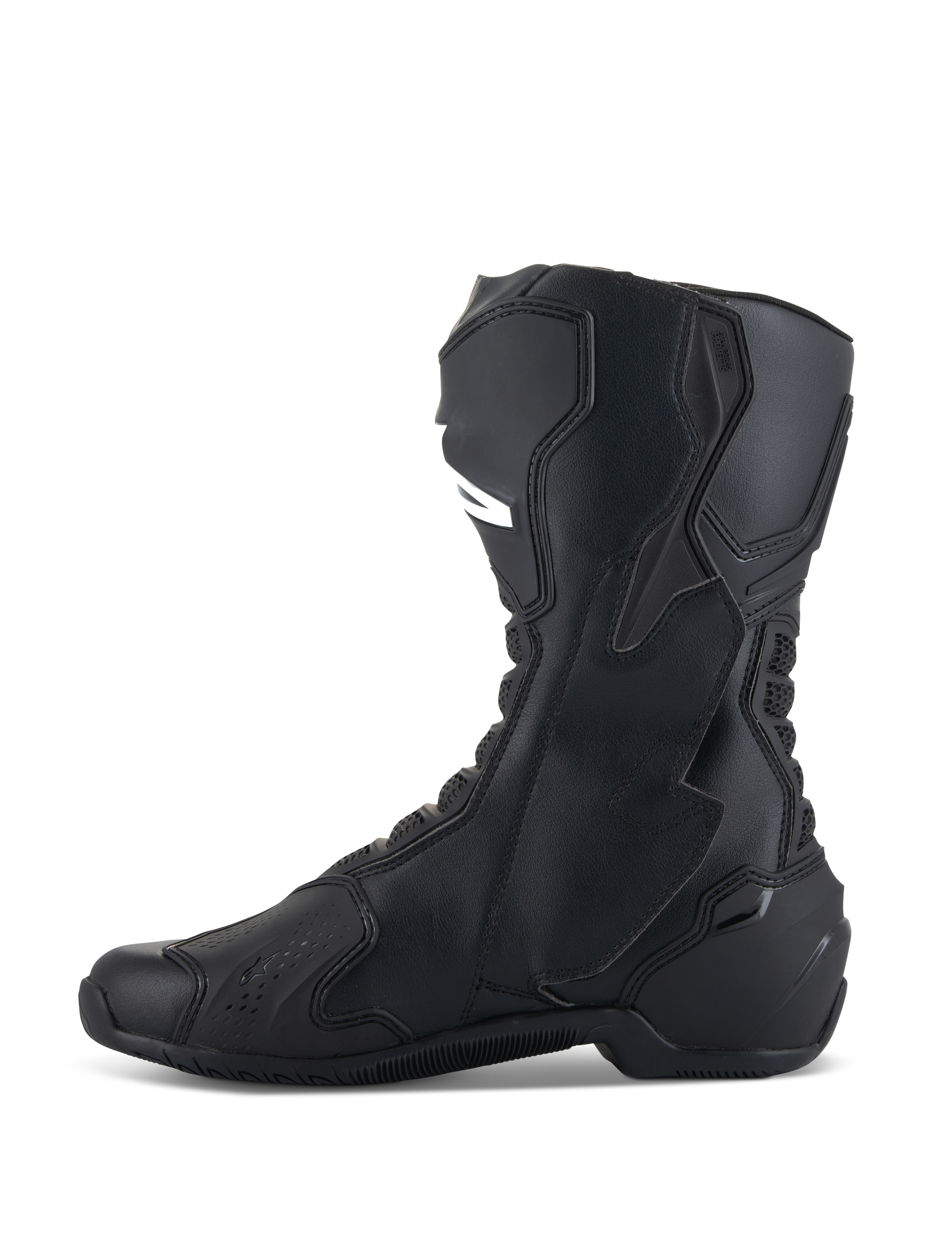Buty Alpinestars SMX-6 V3, czarne, wyczynowe buty motocyklowe, profil boczny prezentujący ochraniacz goleni TPU i biomechaniczny stabilizator kostki, konstrukcja z mikrofibry o opływowym wyścigowym designie