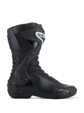 Buty Alpinestars SMX-6 V3, czarne motocyklowe buty wyścigowe, widok z profilu, cholewka z mikrofibry z bocznym wzmocnieniem kostki TPU i ochroną goleni, białe logo Alpinestars na goleni, wymienny ślizgacz, wyczynowe sportowe obuwie motocyklowe