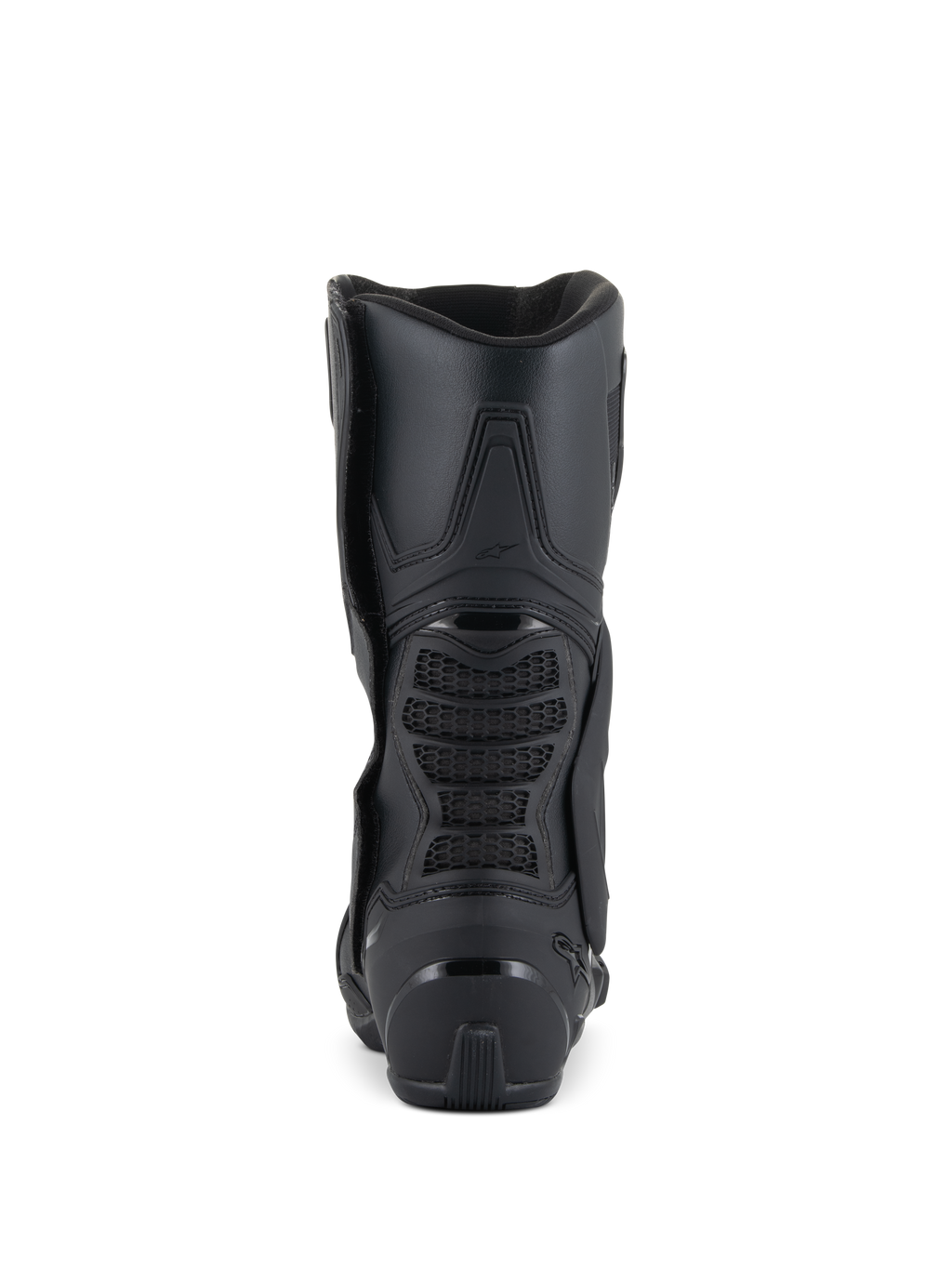 Alpinestars SMX-6 V3 Boots, sportowe buty motocyklowe, czarne, widok z tyłu ukazujący wzmocnioną piętę, tylną strefę zgięcia z siatki 3D oraz smukły, ergonomiczny design do jazdy na torze i ulicy