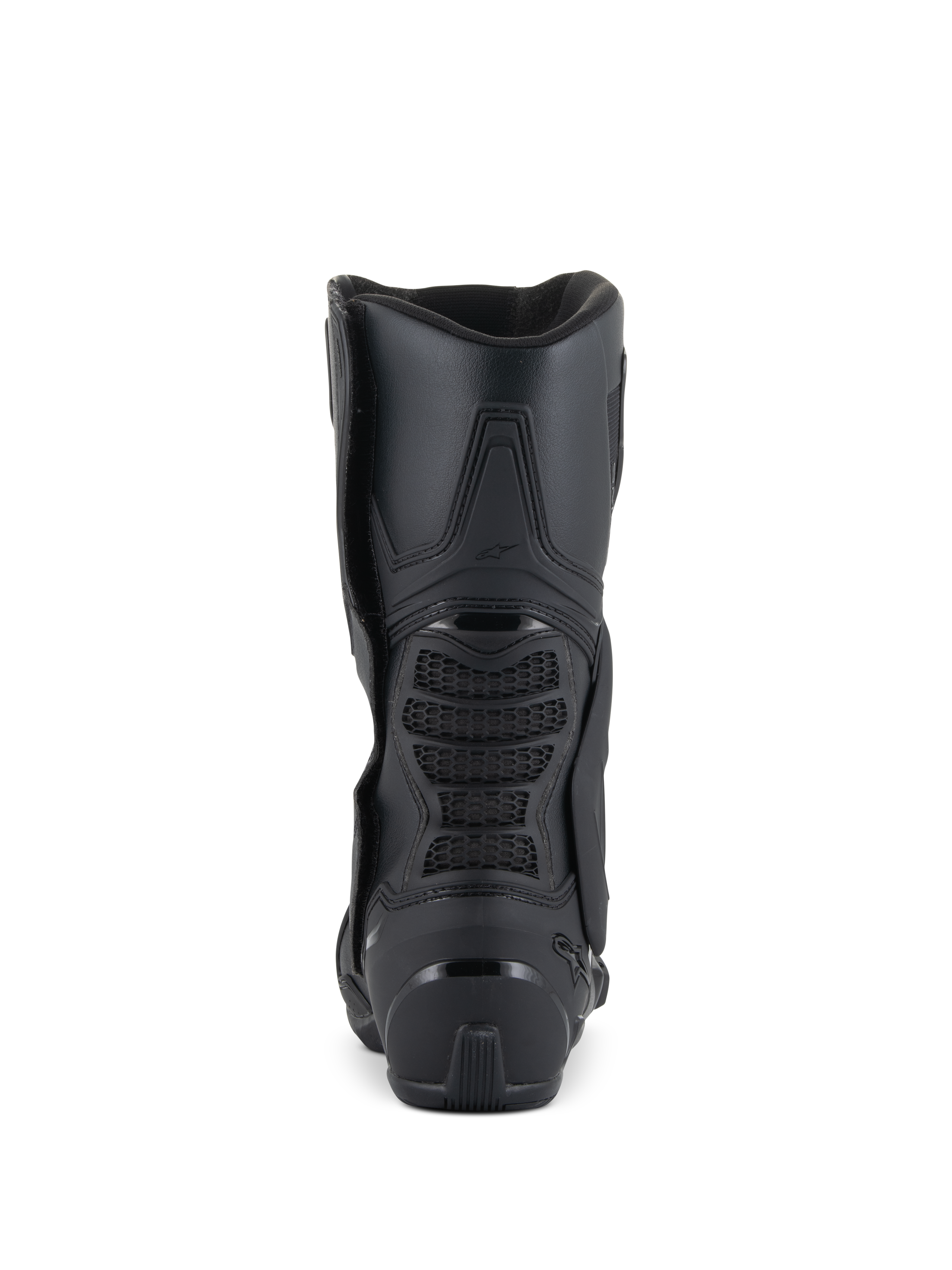 Alpinestars SMX-6 V3 Boots, sportowe buty motocyklowe, czarne, widok z tyłu ukazujący wzmocnioną piętę, tylną strefę zgięcia z siatki 3D oraz smukły, ergonomiczny design do jazdy na torze i ulicy