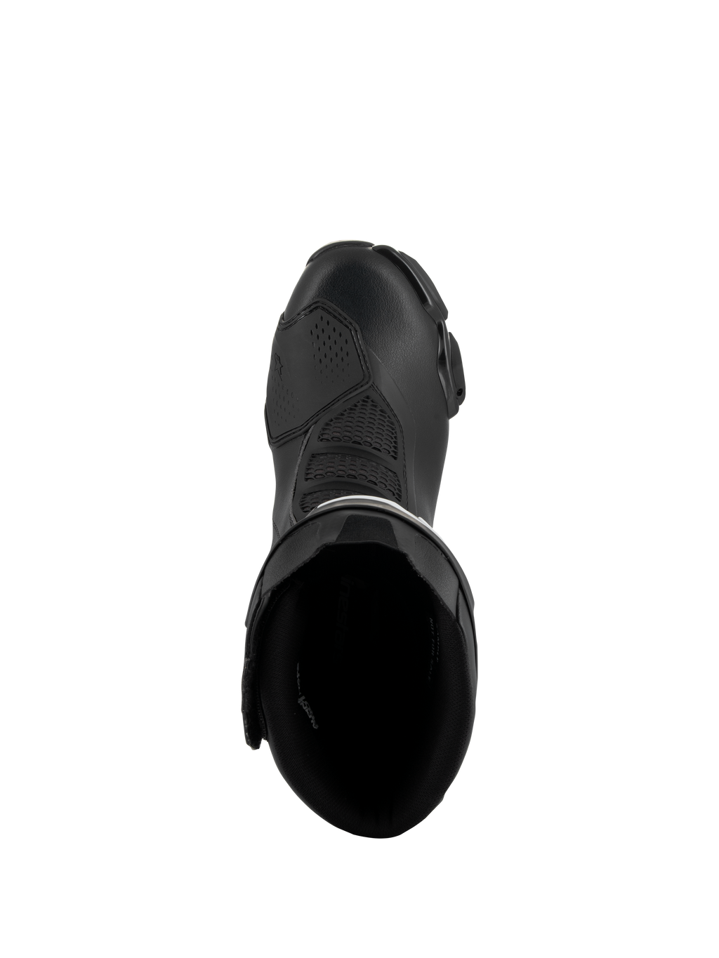Buty Alpinestars SMX-6 V3, czarne, widok z góry ukazujący wnętrze oraz konstrukcję cholewki, wyczynowe obuwie motocyklowe z mikrofibry ze strefami elastycznymi z siatki