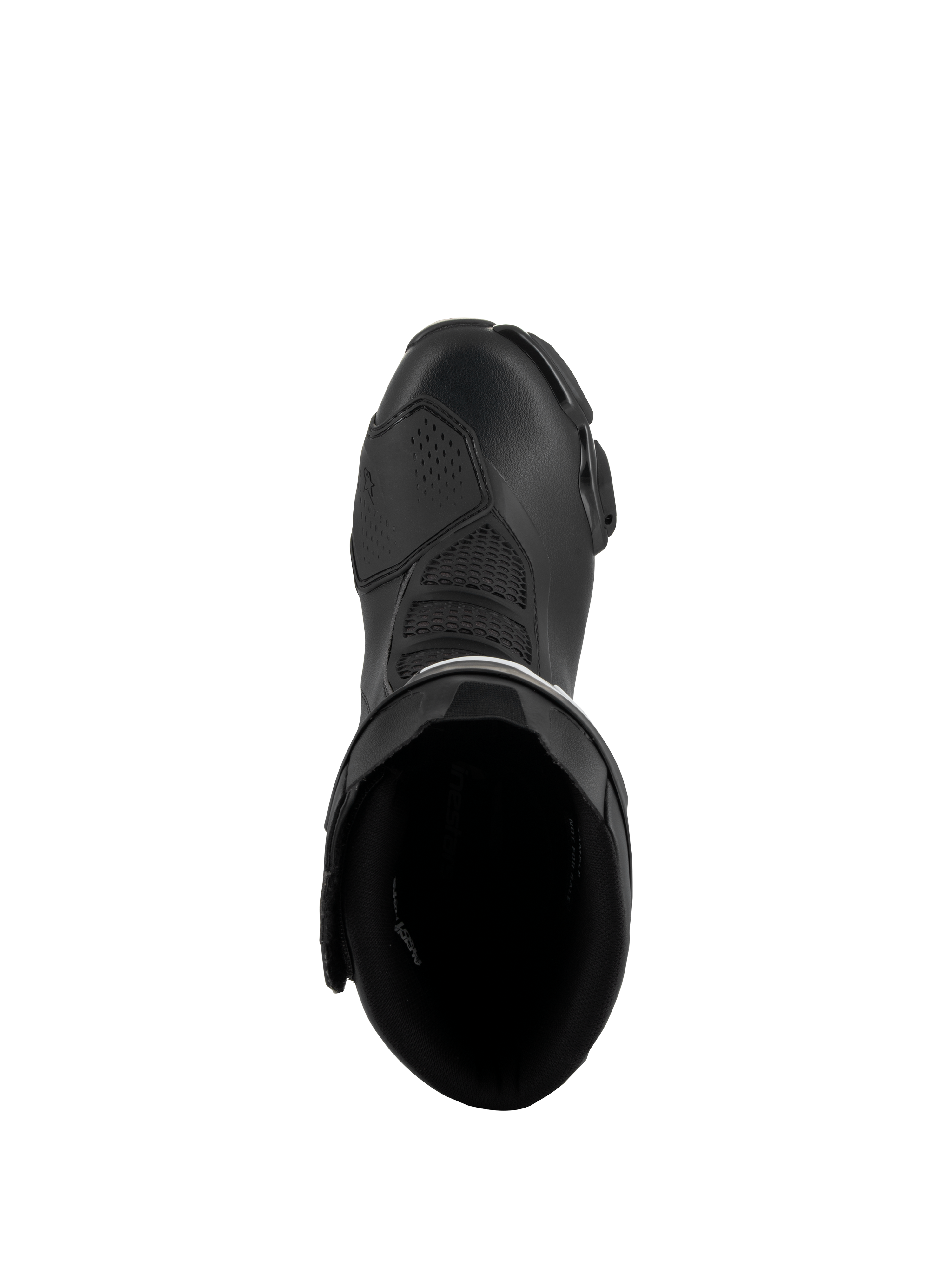 Buty Alpinestars SMX-6 V3, czarne, widok z góry ukazujący wnętrze oraz konstrukcję cholewki, wyczynowe obuwie motocyklowe z mikrofibry ze strefami elastycznymi z siatki