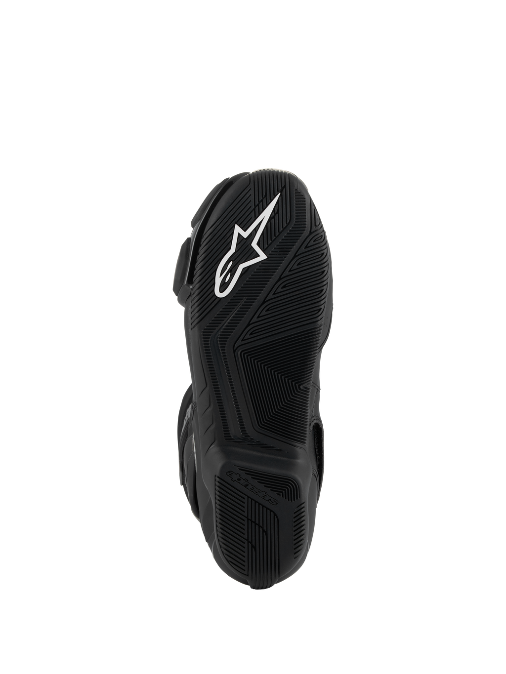 Buty Alpinestars SMX-6 V3, czarne, widok od dołu na lekką gumową podeszwę z teksturowanym wzorem przyczepności, białym logo Astar i wytłoczonym napisem Alpinestars na pięcie.