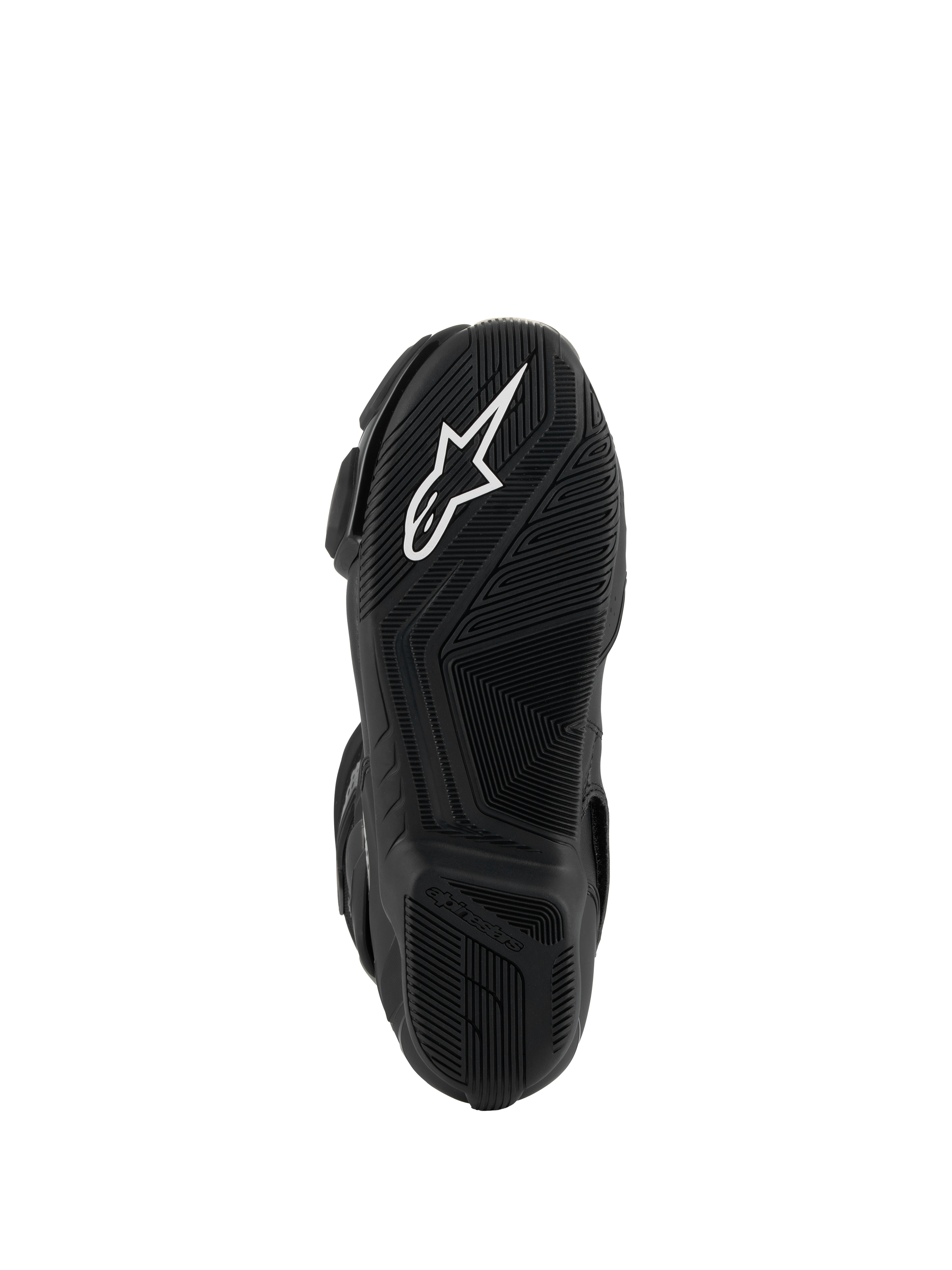 Buty Alpinestars SMX-6 V3, czarne, widok od dołu na lekką gumową podeszwę z teksturowanym wzorem przyczepności, białym logo Astar i wytłoczonym napisem Alpinestars na pięcie.