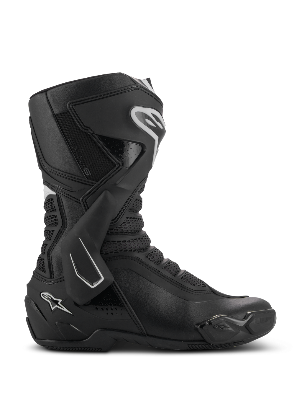 Alpinestars SMX-6 V3 Boots, sportowe buty motocyklowe, czarne z białymi akcentami, widok z boku z systemem ochrony kostki z TPU, teksturowanymi strefami zgięcia z siatki oraz wzmocnionymi elementami pięty i palców, do jazdy na torze i ulicy