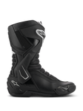 Alpinestars SMX-6 V3 Boots, sportowe buty motocyklowe, czarne z białymi akcentami, widok z boku z systemem ochrony kostki z TPU, teksturowanymi strefami zgięcia z siatki oraz wzmocnionymi elementami pięty i palców, do jazdy na torze i ulicy
