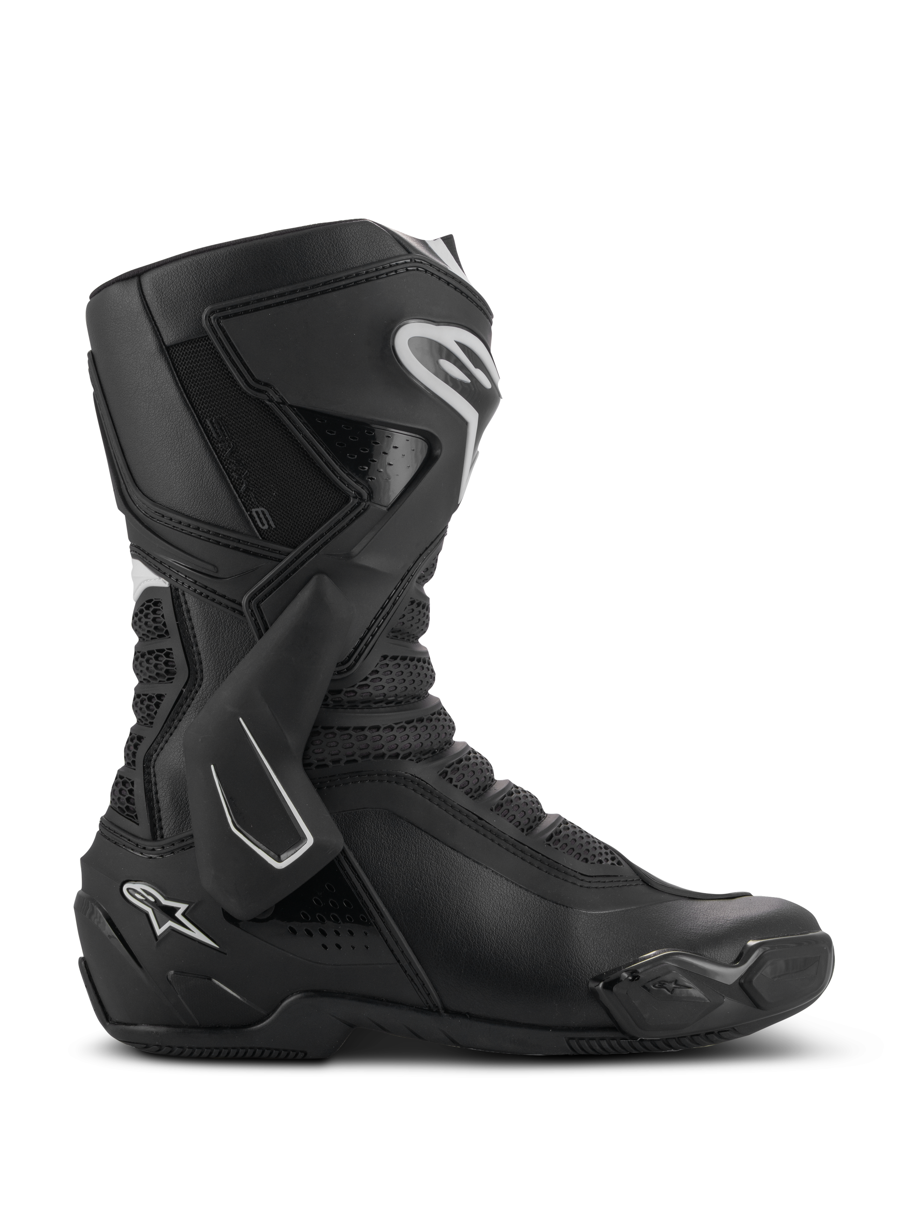 Alpinestars SMX-6 V3 Boots, sportowe buty motocyklowe, czarne z białymi akcentami, widok z boku z systemem ochrony kostki z TPU, teksturowanymi strefami zgięcia z siatki oraz wzmocnionymi elementami pięty i palców, do jazdy na torze i ulicy