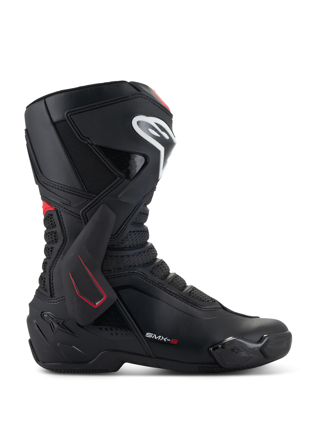 Buty Alpinestars SMX-6 V3, buty motocyklowe wyścigowe, czarne z białymi i czerwonymi akcentami, widok z boku z ochroną kostki TPU, białe logo na goleniu, teksturowane siatkowe strefy elastyczne, sportowy aerodynamiczny design