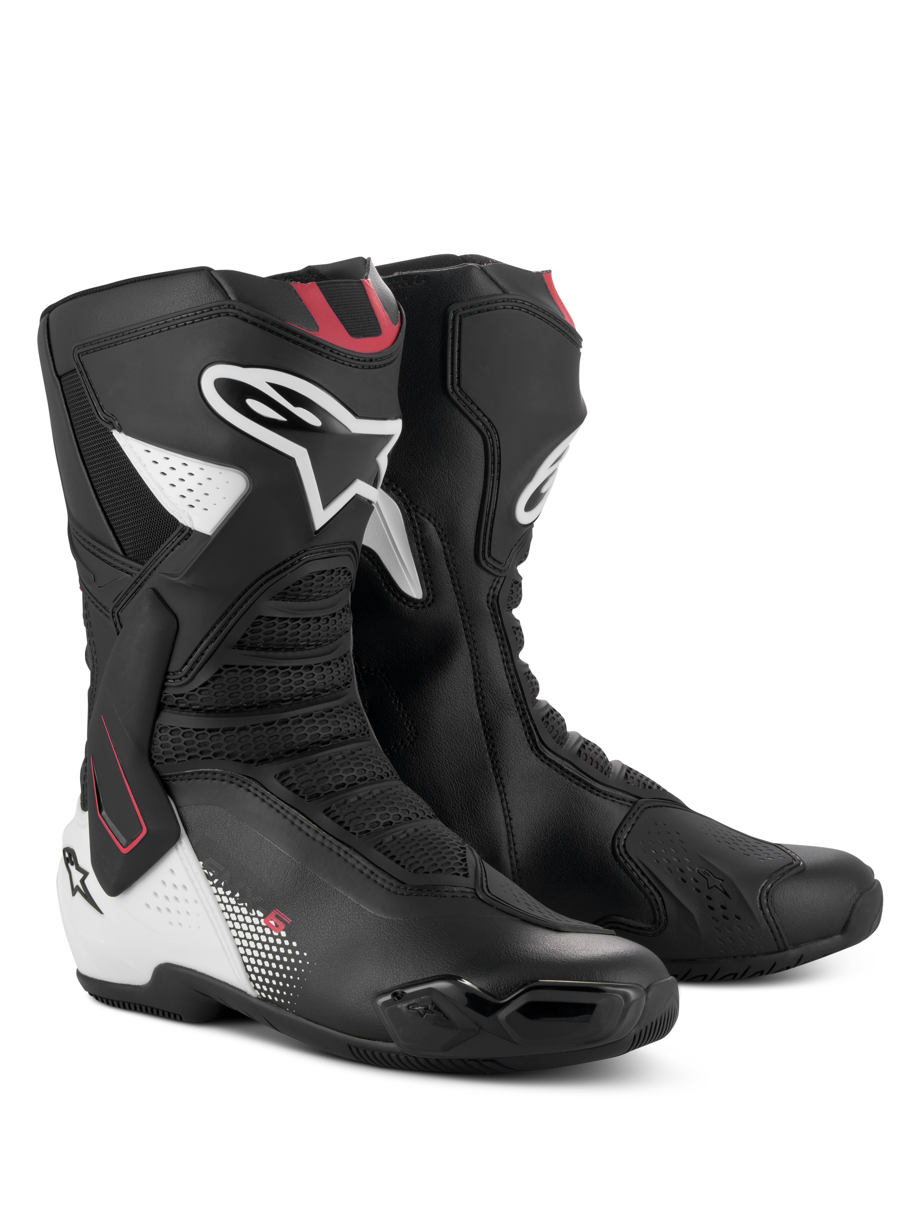 Buty Alpinestars SMX-6 V3, wyczynowe buty motocyklowe, czarno-biało-czerwona grafika, wyposażone w zaawansowaną cholewkę z mikrofibry, system ochrony kostki TPU, siatkowe strefy zgięcia oraz wyraźne logo Alpinestars na łydce i pięcie.
