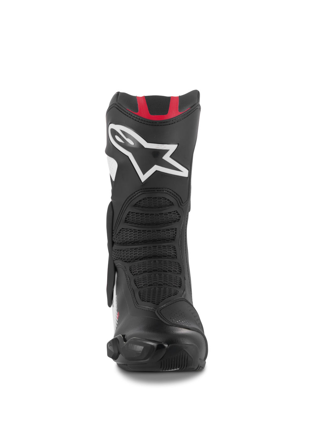 Buty Alpinestars SMX-6 V3, wyczynowe buty motocyklowe, czarno-biało-czerwona grafika, widok z przodu z dużym białym logo Astar na goleni, czerwone akcenty na górze oraz elastyczne strefy o strukturze siatki do jazdy na torze i ulicy.