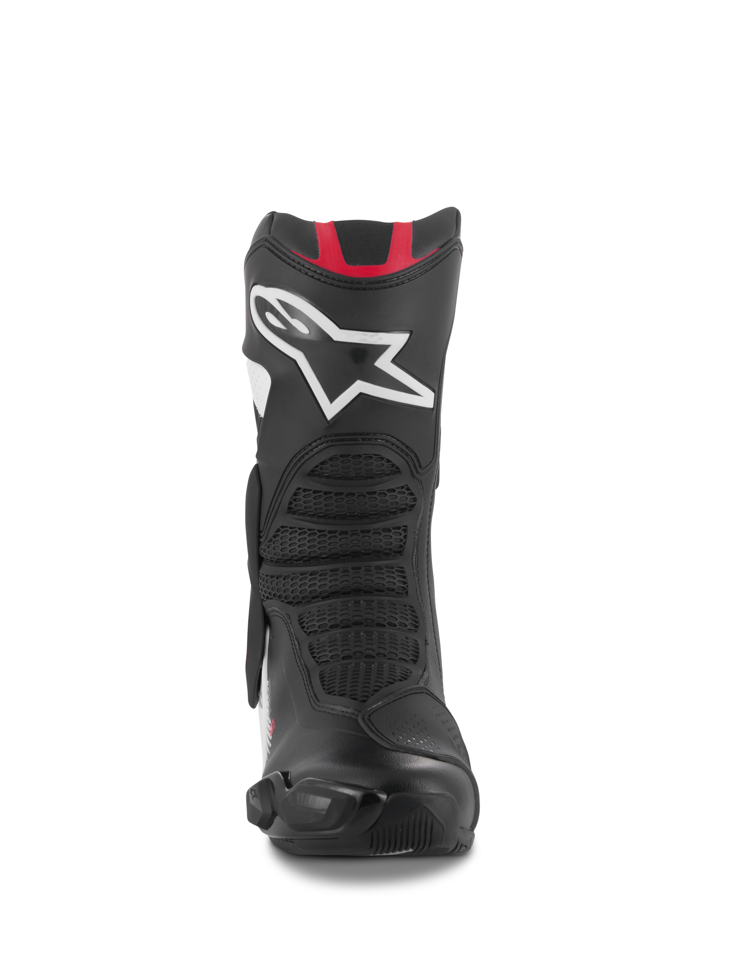 Buty Alpinestars SMX-6 V3, wyczynowe buty motocyklowe, czarno-biało-czerwona grafika, widok z przodu z dużym białym logo Astar na goleni, czerwone akcenty na górze oraz elastyczne strefy o strukturze siatki do jazdy na torze i ulicy.