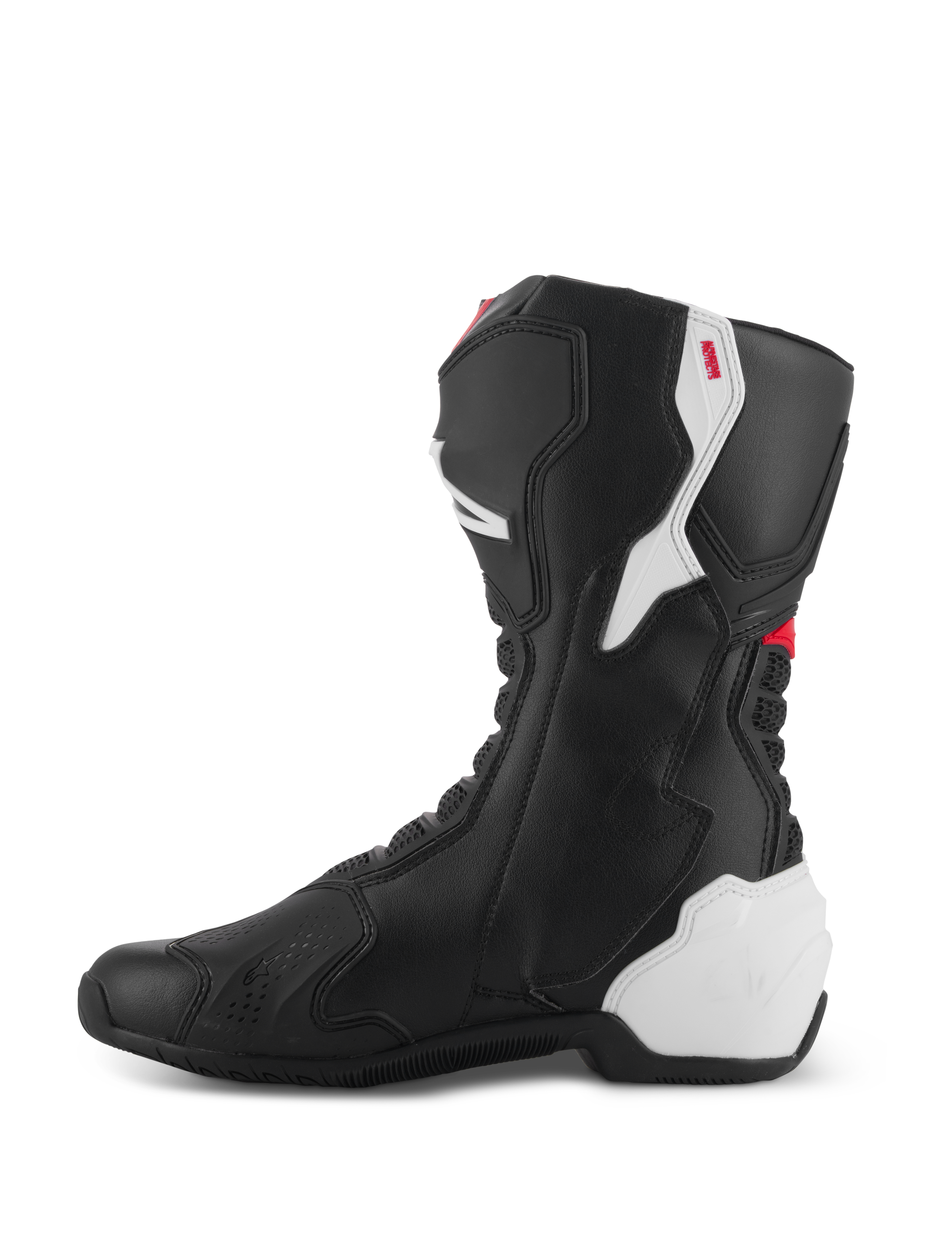 Buty Alpinestars SMX-6 V3, wyczynowe buty motocyklowe, grafika Black White Red, widok od strony wewnętrznej, konstrukcja z czarnej mikrofibry z białymi panelami ochronnymi TPU na pięcie i łydce, czerwone akcenty, elastyczne strefy harmonijkowe zapewniające większą mobilność i ochronę