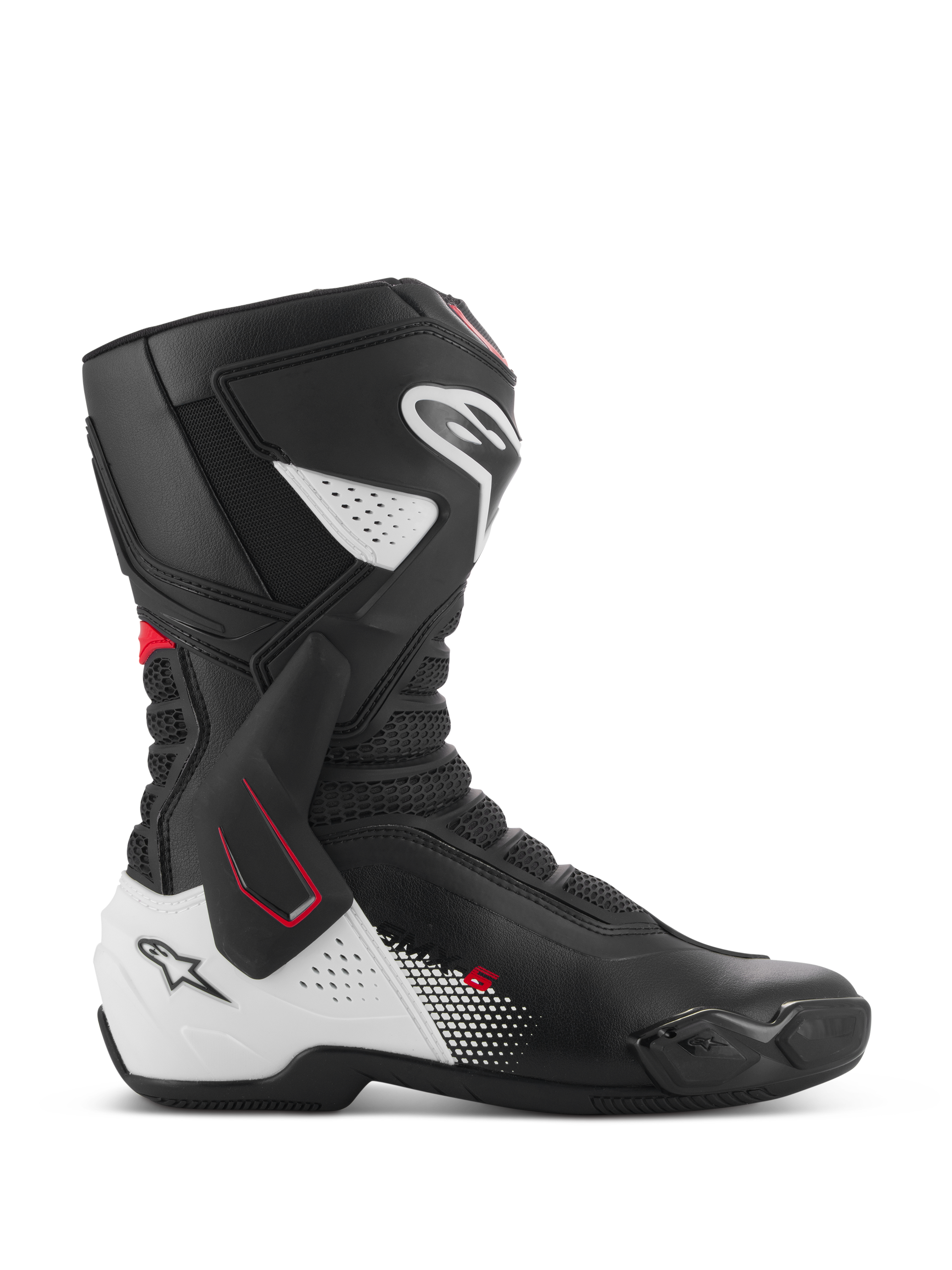 Buty Alpinestars SMX-6 V3, wyczynowe buty motocyklowe sportowe, czarno-biało-czerwone, profil boczny z boczną klamrą kostki TPU, wzmocnioną ochroną goleni i pięty, perforowanymi strefami elastycznymi z siatki oraz wymiennymi ślizgaczami palców do jazdy na torze i ulicy.