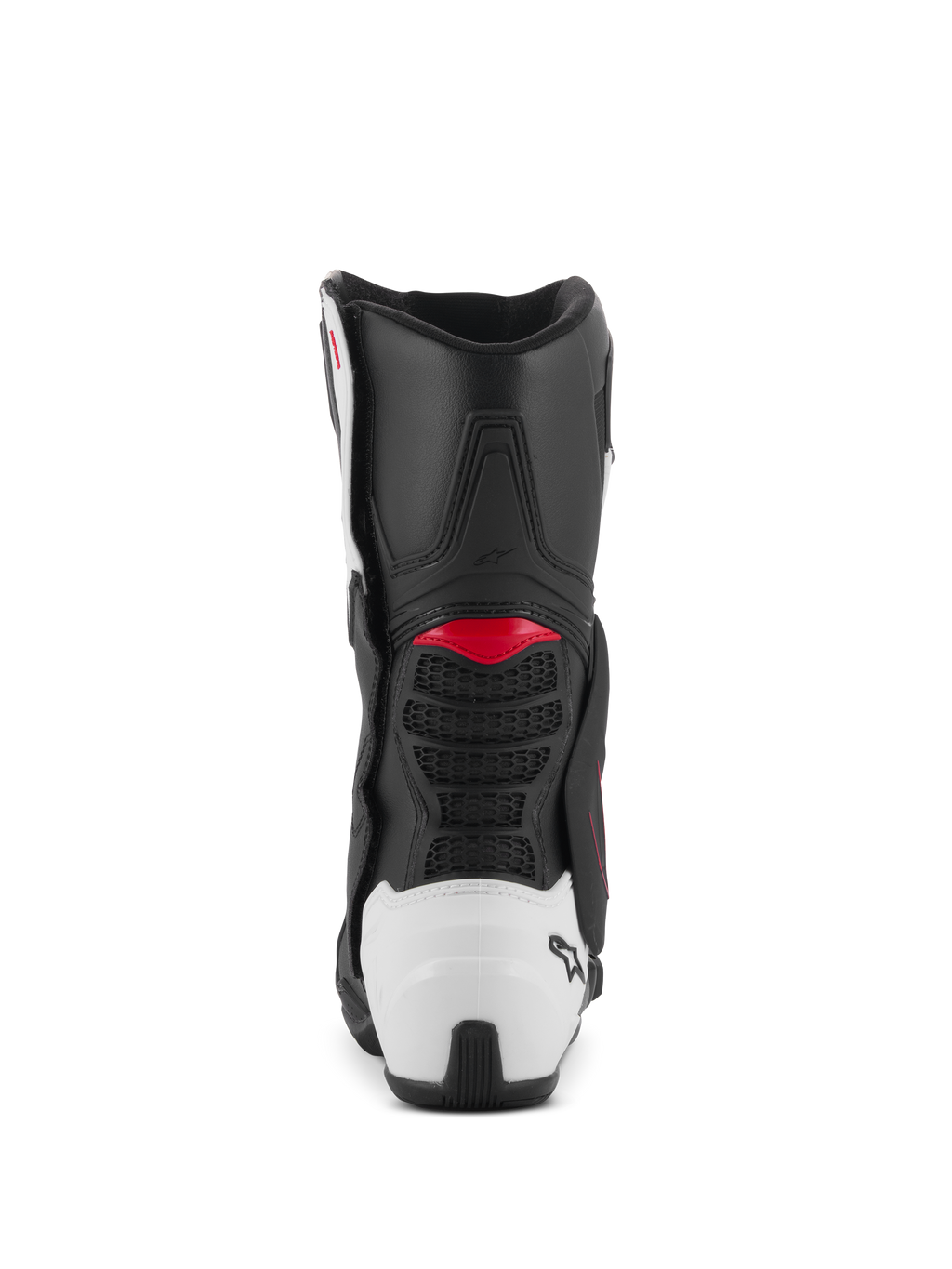 Alpinestars SMX-6 V3 Boots, sportowe buty motocyklowe, czarno-biało-czerwona grafika, widok z tyłu z białym ochraniaczem pięty TPU i czerwonymi akcentami, zaprojektowane do jazdy na torze i ulicy