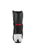 Alpinestars SMX-6 V3 Boots, sportowe buty motocyklowe, czarno-biało-czerwona grafika, widok z tyłu z białym ochraniaczem pięty TPU i czerwonymi akcentami, zaprojektowane do jazdy na torze i ulicy