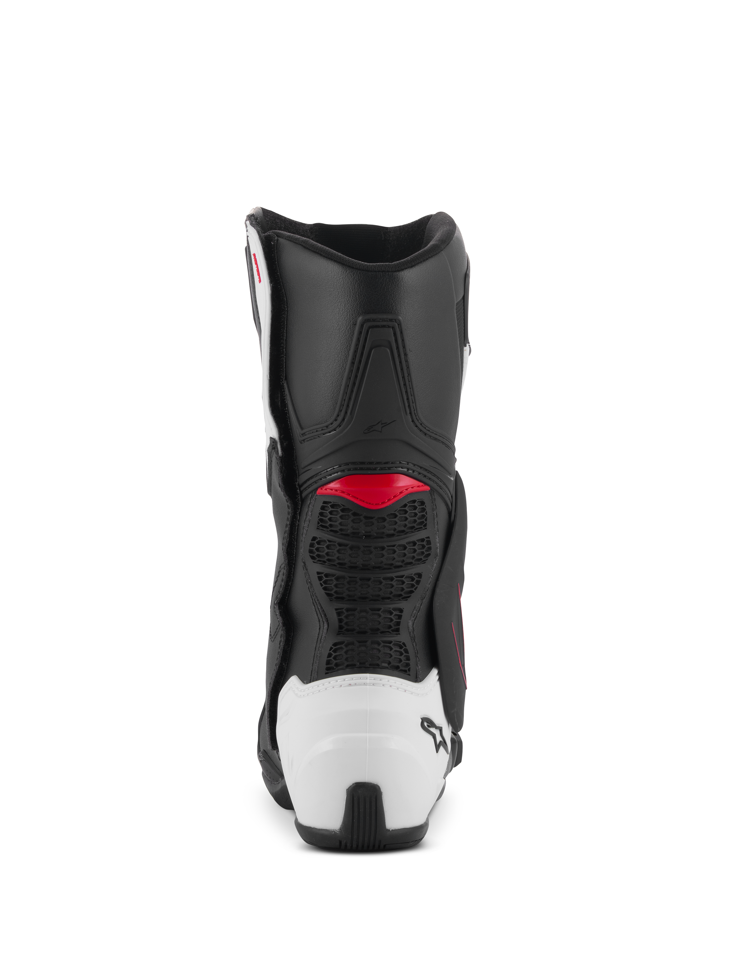 Alpinestars SMX-6 V3 Boots, sportowe buty motocyklowe, czarno-biało-czerwona grafika, widok z tyłu z białym ochraniaczem pięty TPU i czerwonymi akcentami, zaprojektowane do jazdy na torze i ulicy