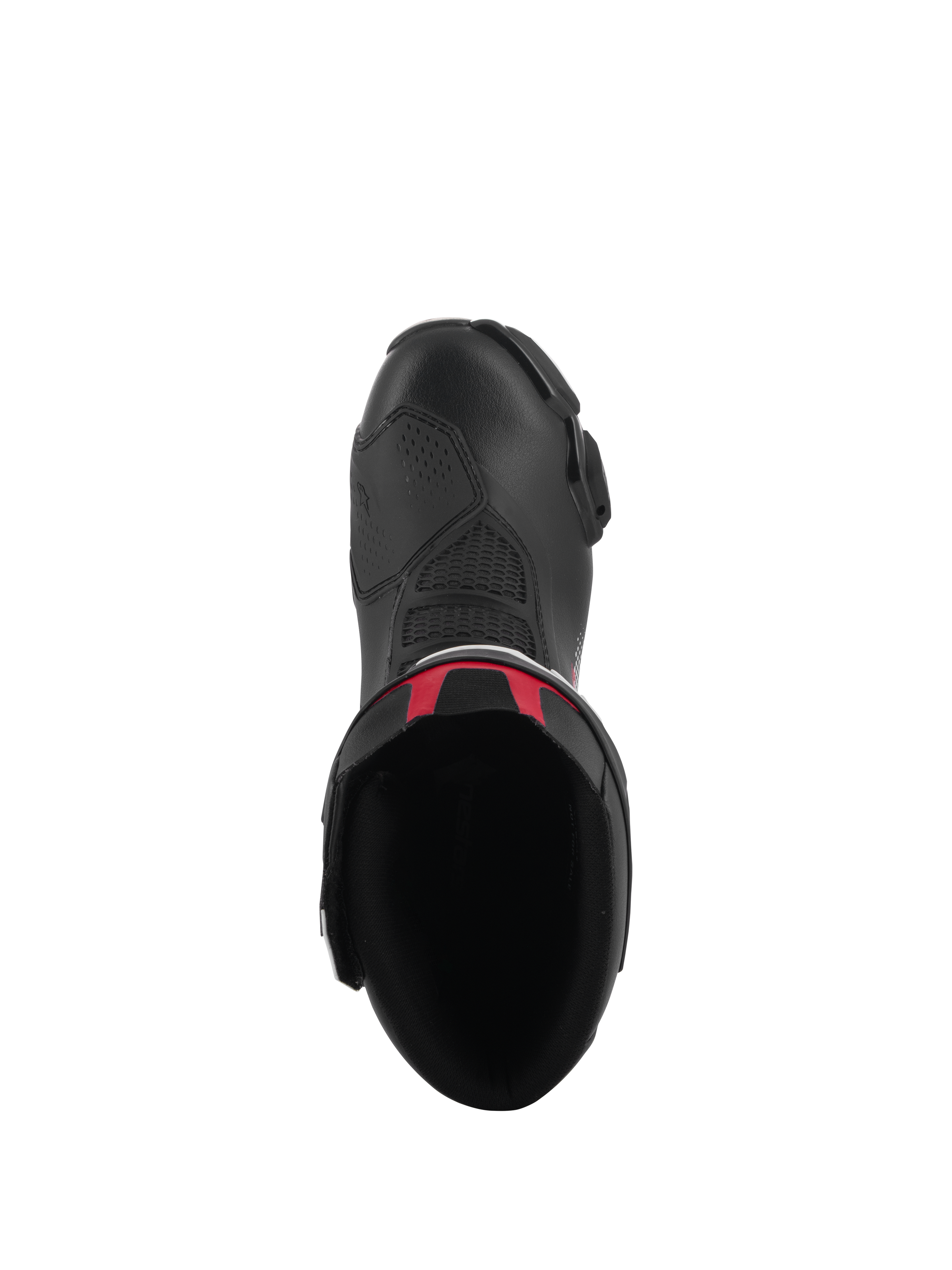 Buty Alpinestars SMX-6 V3, wyczynowe buty motocyklowe, czarne z czerwonymi akcentami, widok z góry ukazujący wnętrze oraz cholewkę z mikrofibry, smukły ergonomiczny design do wyścigów motocyklowych