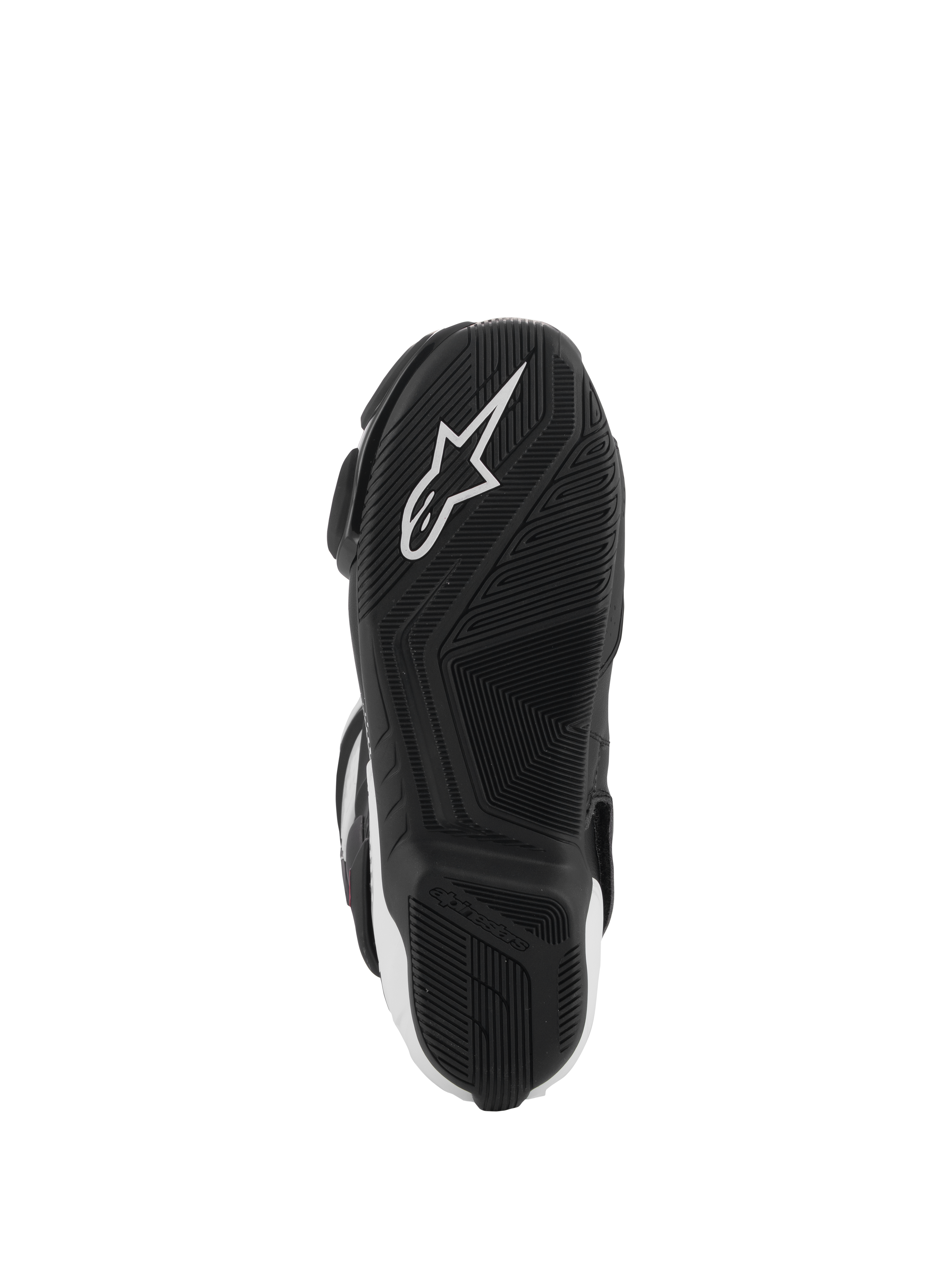 Alpinestars SMX-6 V3 Boots, widok spodu podeszwy, czarna guma z teksturowanym wzorem przyczepności, z białym logo gwiazdy Alpinestars, sportowe obuwie motocyklowe