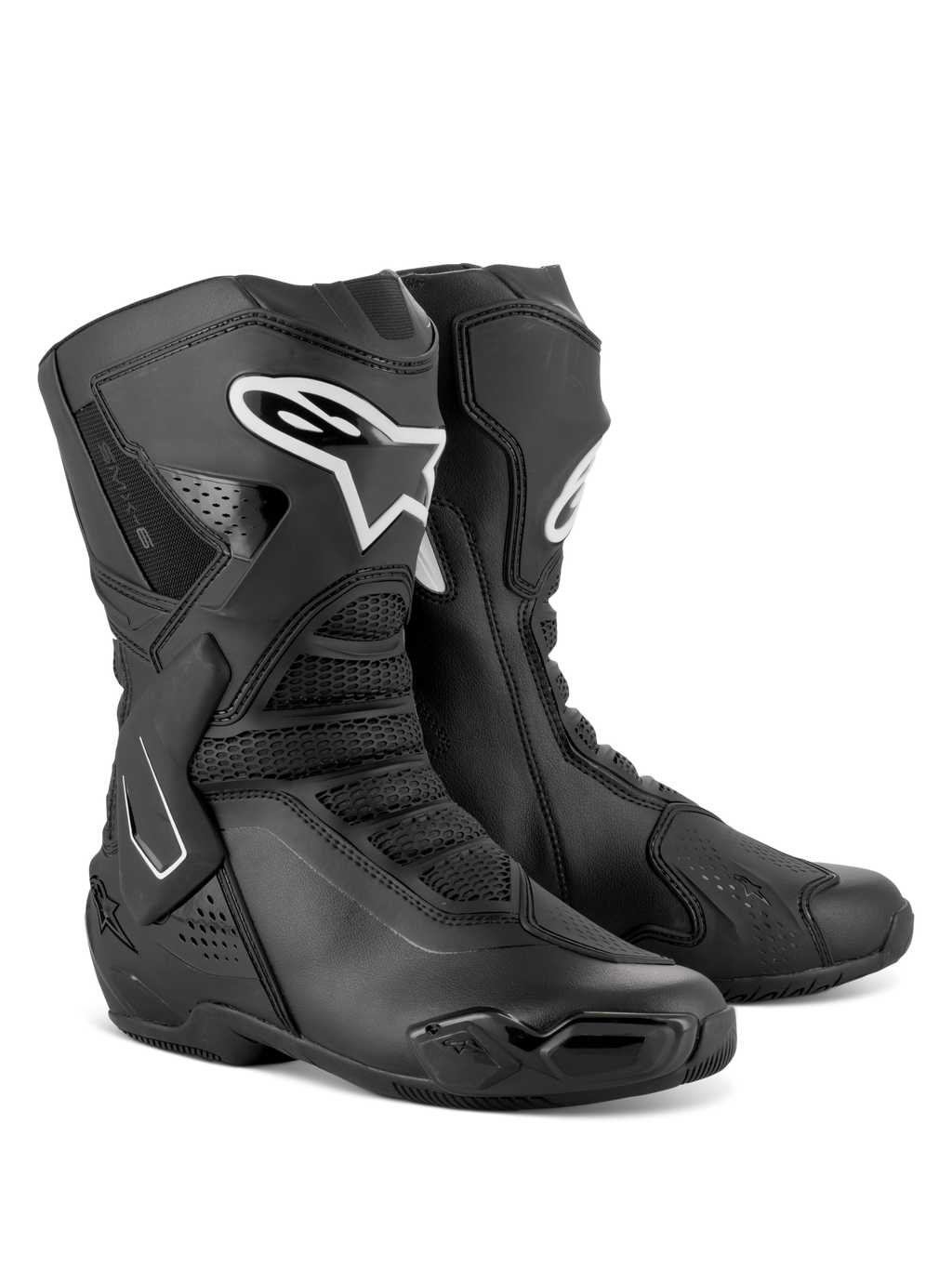 Alpinestars Stella SMX-6 V3 Boots, damskie buty motocyklowe wyczynowe, czarno-białe, konstrukcja z mikrofibry, ochraniacze TPU goleni i kostek, siateczkowe strefy zgięcia, do jazdy torowej i szosowej