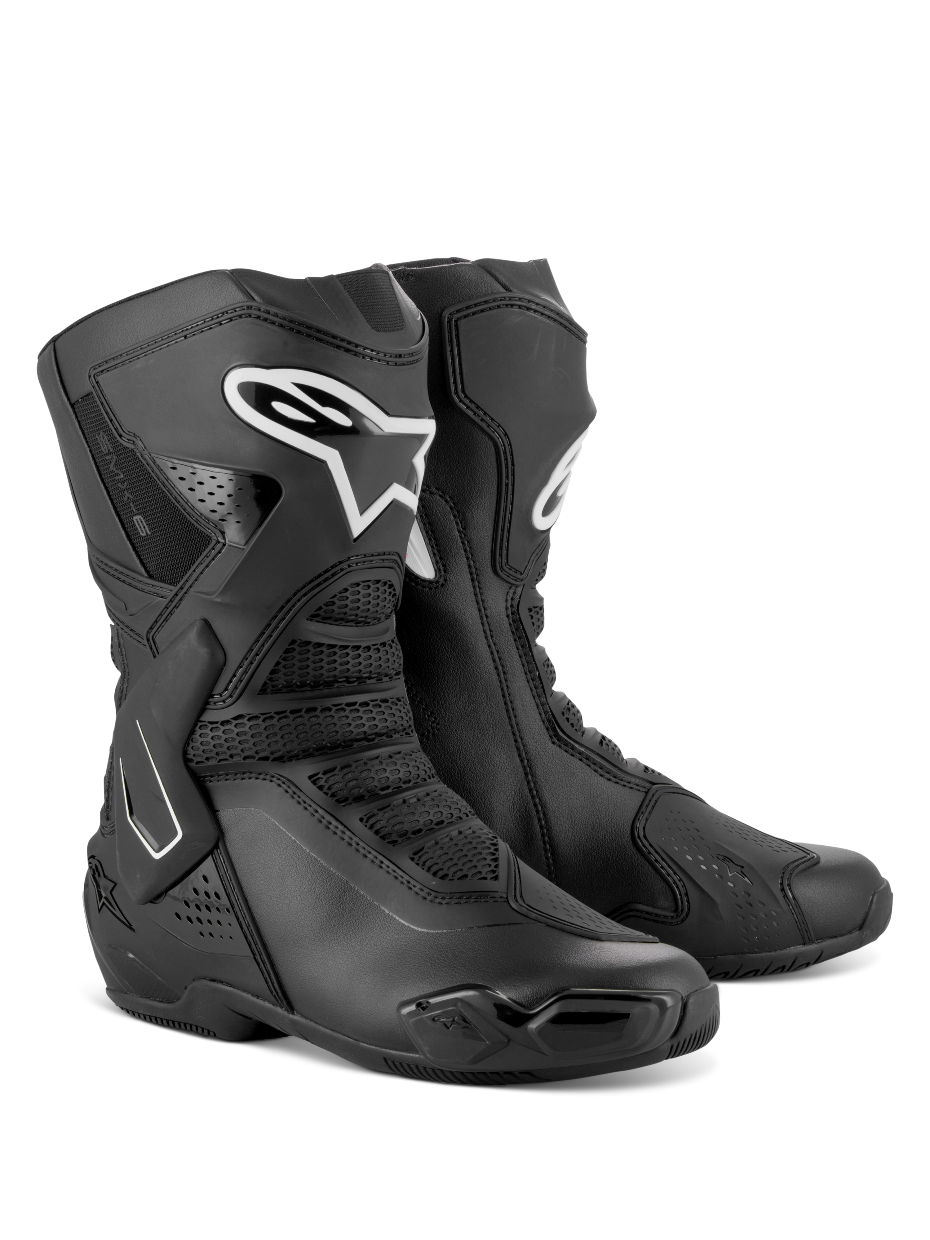 Alpinestars Stella SMX-6 V3 Boots, damskie buty motocyklowe wyczynowe, czarno-białe, konstrukcja z mikrofibry, ochraniacze TPU goleni i kostek, siateczkowe strefy zgięcia, do jazdy torowej i szosowej