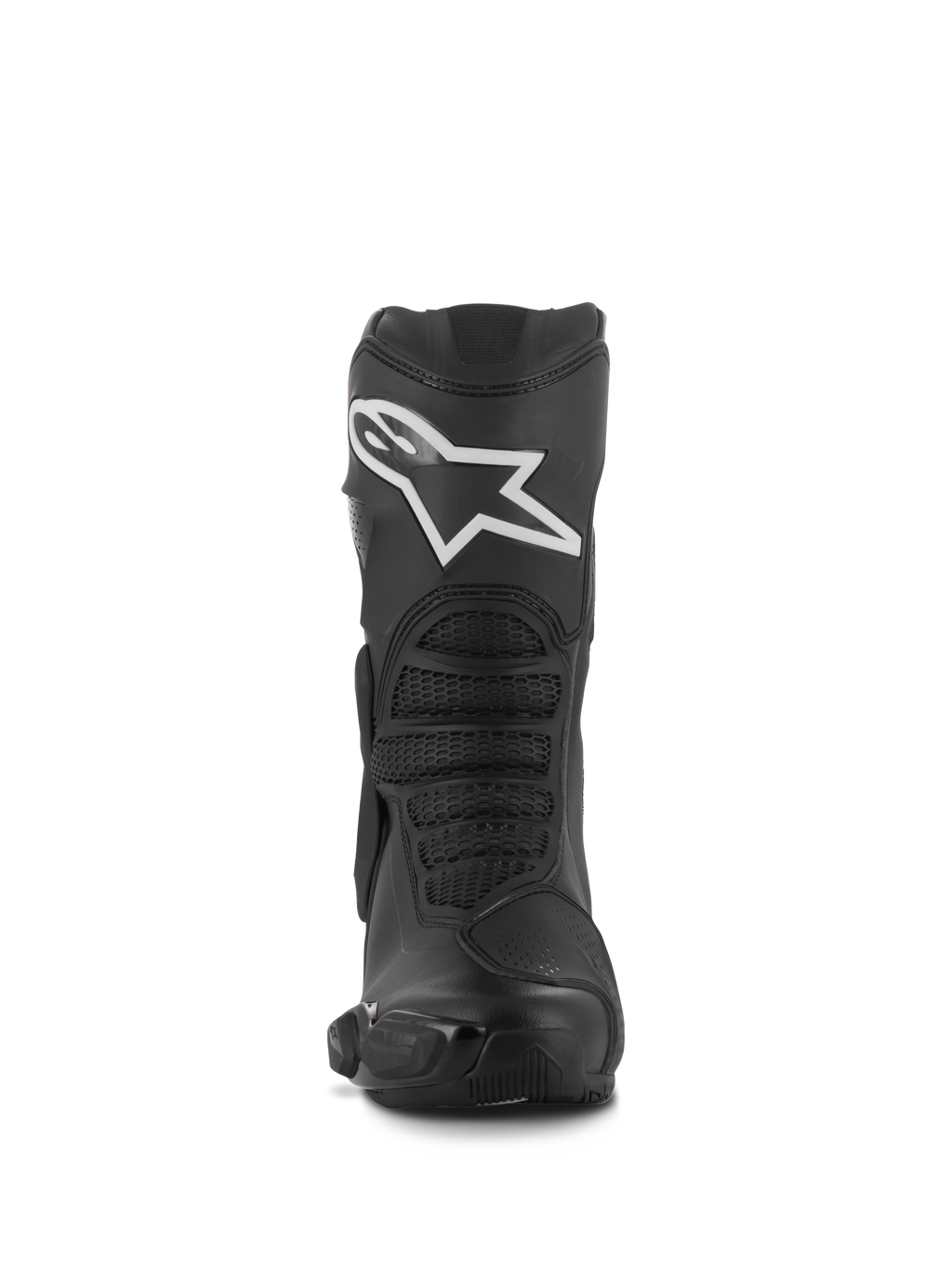 Buty Alpinestars Stella SMX-6 V3, damskie wyczynowe buty motocyklowe, czarne z białym logo Alpinestars, widok z przodu z ochraniaczem goleni TPU i elastycznymi strefami z siatki, wytrzymała konstrukcja z mikrofibry.