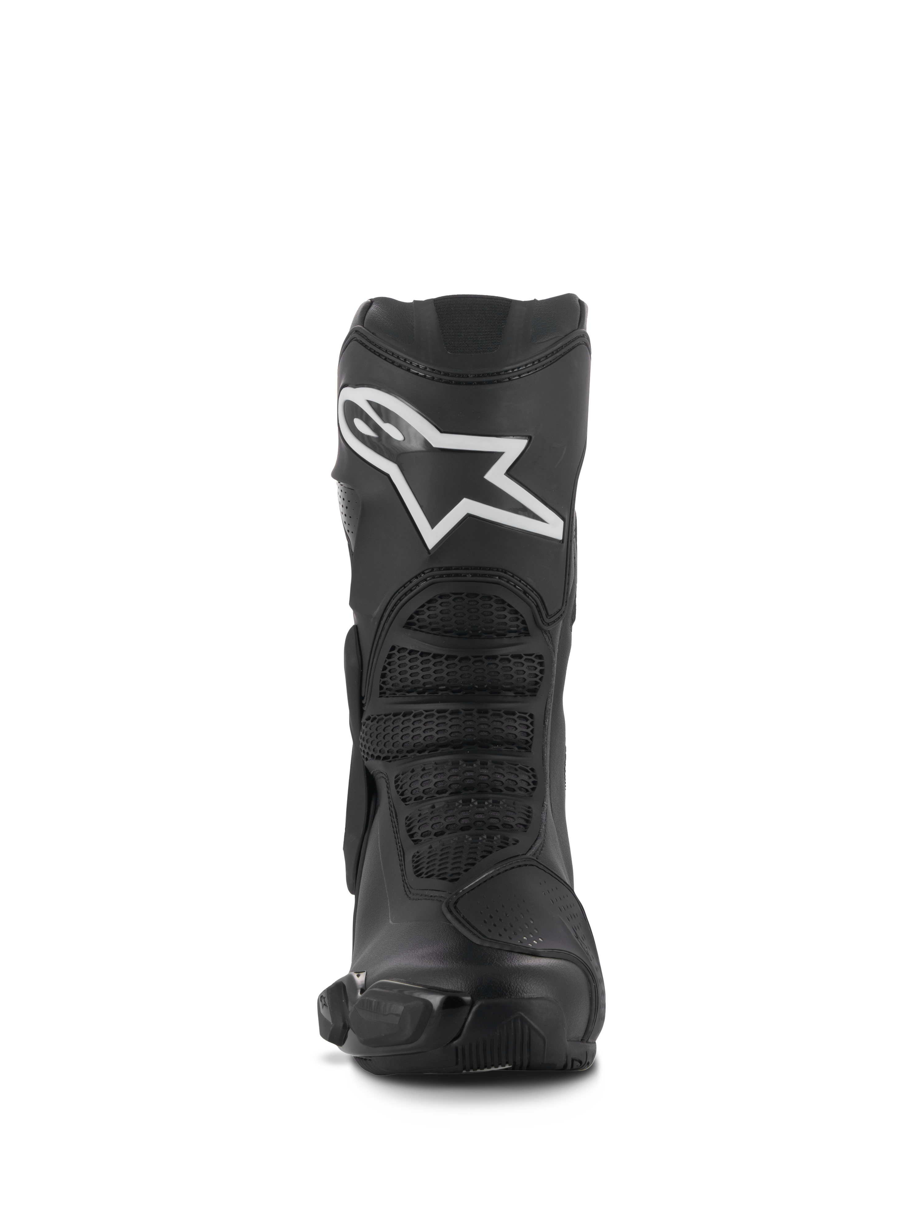 Buty Alpinestars Stella SMX-6 V3, damskie wyczynowe buty motocyklowe, czarne z białym logo Alpinestars, widok z przodu z ochraniaczem goleni TPU i elastycznymi strefami z siatki, wytrzymała konstrukcja z mikrofibry.