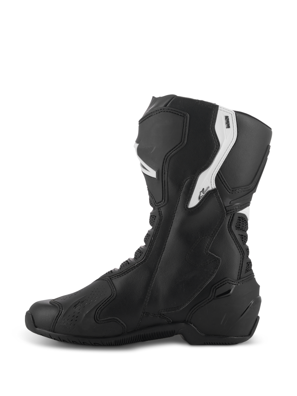 Alpinestars Stella SMX-6 V3, damskie sportowe buty motocyklowe, czarno-białe, widok od strony przyśrodkowej, ergonomiczna cholewka z mikrofibry, ochrona goleni i kostki z TPU, elastyczne strefy z siatki, opływowy design na tor i ulicę