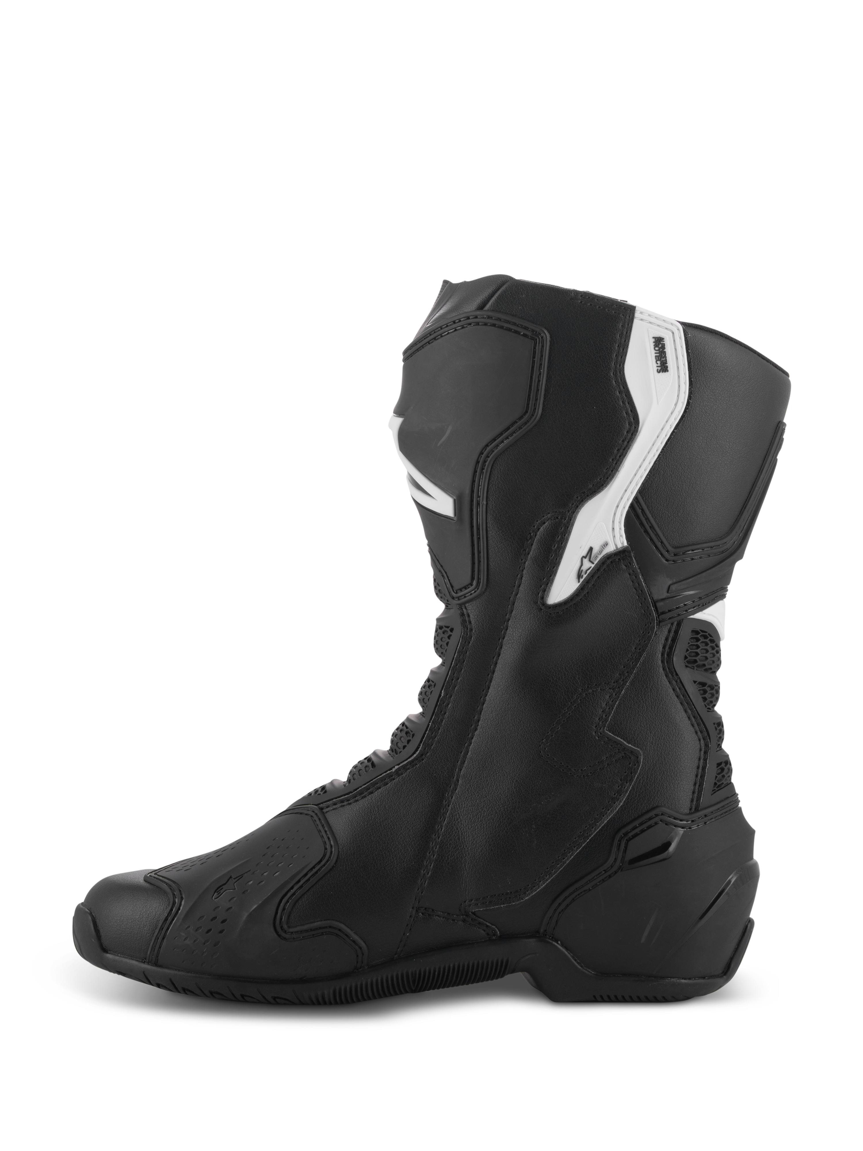 Alpinestars Stella SMX-6 V3, damskie sportowe buty motocyklowe, czarno-białe, widok od strony przyśrodkowej, ergonomiczna cholewka z mikrofibry, ochrona goleni i kostki z TPU, elastyczne strefy z siatki, opływowy design na tor i ulicę