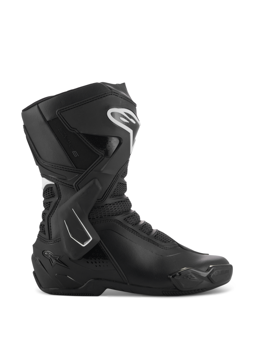 Buty Alpinestars Stella SMX-6 V3, damskie motocyklowe buty sportowe, czarno-białe, widok z boku przedstawiający stabilizator kostki TPU i ochraniacz goleni, oddychające panele z siatki, białe logo Alpinestars z przodu, zaprojektowane do jazdy na torze i ulicy