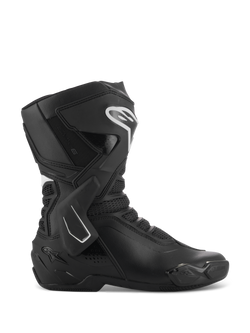 Alpinestars Stella SMX-6 V3 Boots, Women's Motorcycle Racing Boots, Black and White, side profile view featuring TPU ankle brace and shin protectors, breathable mesh panels, white Alpinestars logo on the front, engineered for track and street performance