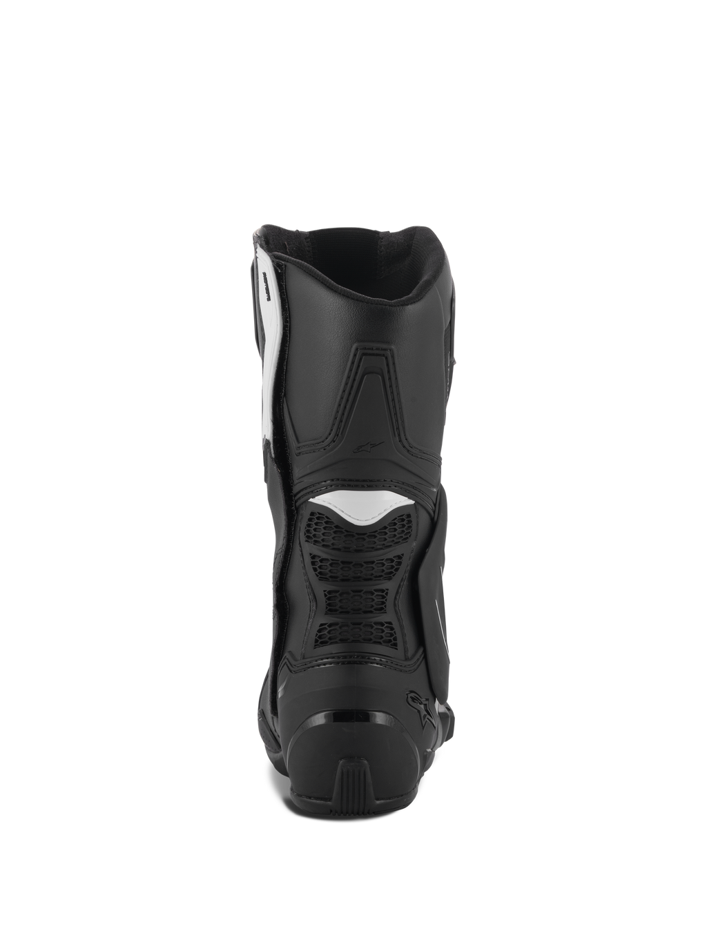 Buty Alpinestars Stella SMX-6 V3, damskie buty motocyklowe, czarno-białe, widok z tyłu z ochraniaczem pięty TPU i elastycznymi panelami harmonijkowymi, wytrzymała, sportowa konstrukcja