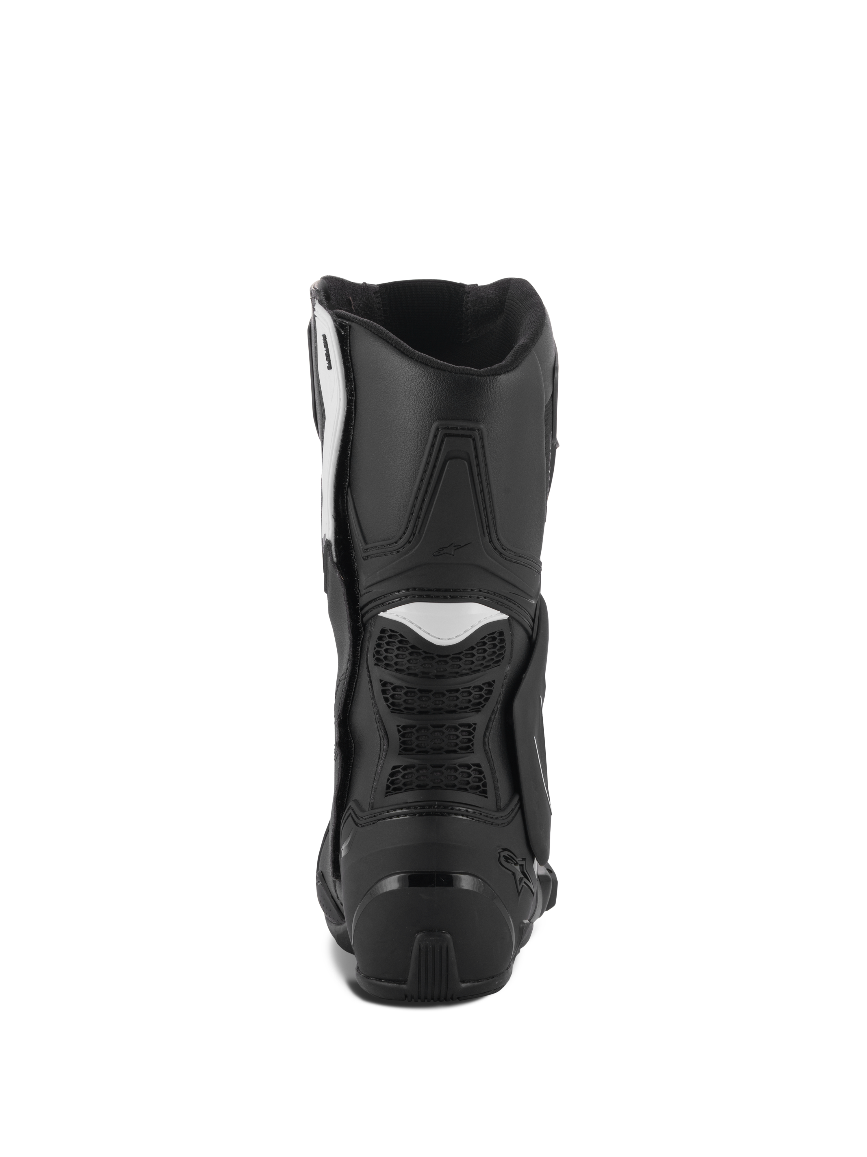Buty Alpinestars Stella SMX-6 V3, damskie buty motocyklowe, czarno-białe, widok z tyłu z ochraniaczem pięty TPU i elastycznymi panelami harmonijkowymi, wytrzymała, sportowa konstrukcja