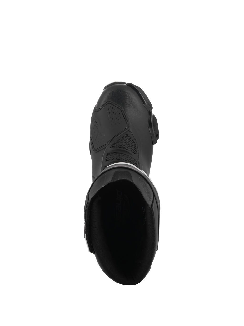 Buty Alpinestars Stella SMX-6 V3, damskie buty motocyklowe do jazdy sportowej, czarne, widok z góry ukazujący wnętrze, wzmocnioną strefę zmiany biegów oraz opływową, ergonomiczną konstrukcję