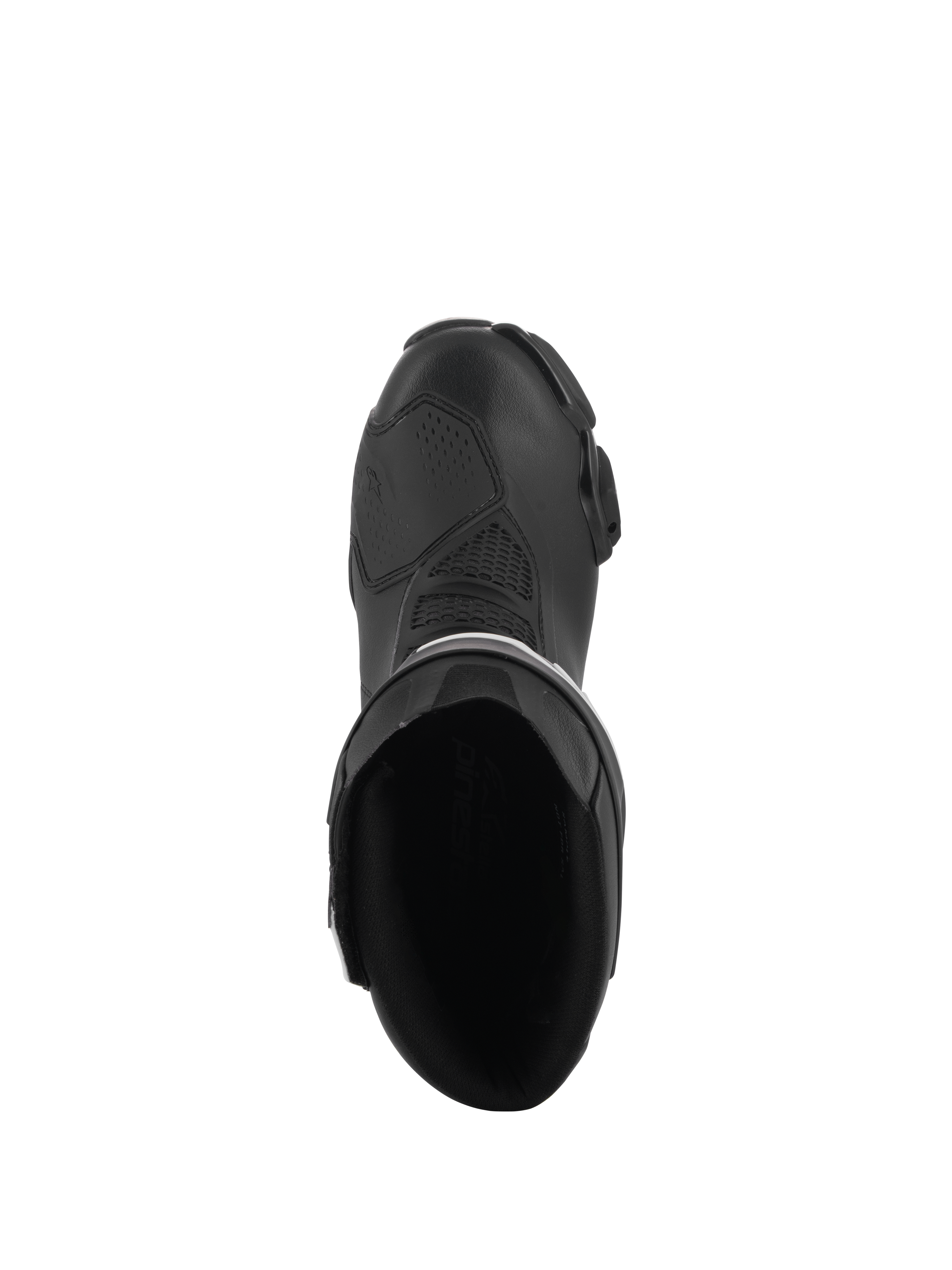 Buty Alpinestars Stella SMX-6 V3, damskie buty motocyklowe do jazdy sportowej, czarne, widok z góry ukazujący wnętrze, wzmocnioną strefę zmiany biegów oraz opływową, ergonomiczną konstrukcję