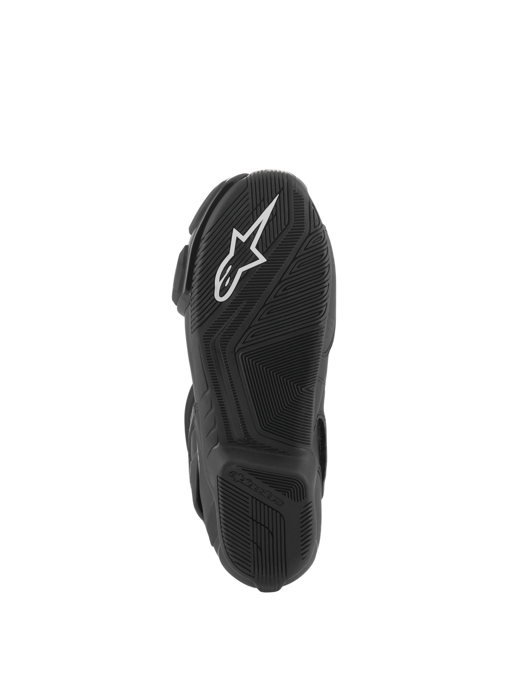 Buty Alpinestars Stella SMX-6 V3, widok podeszwy, czarna lekka mieszanka gumowa z teksturowanym bieżnikiem, białe logo Alpinestars, zaprojektowane do jazdy na torze i ulicy