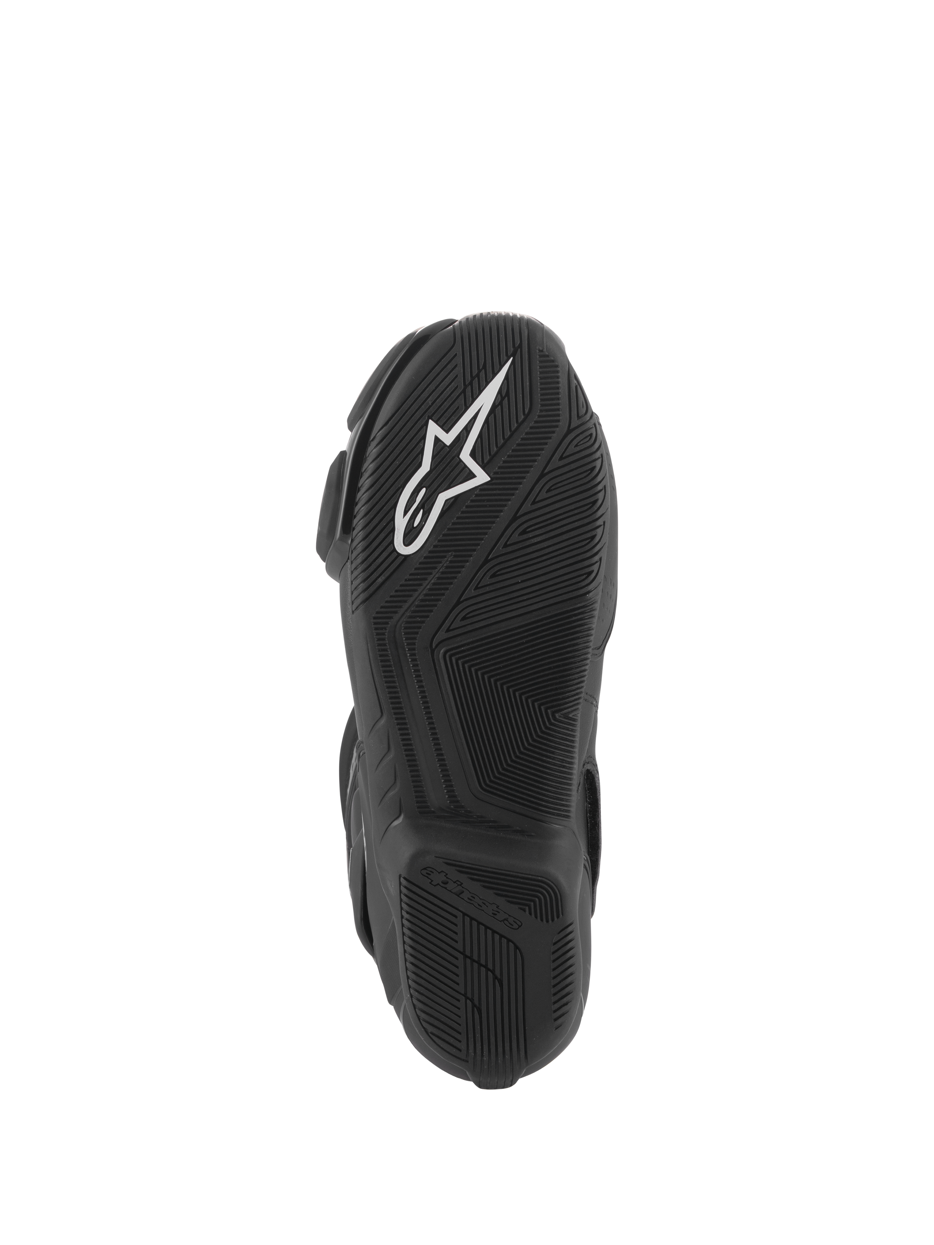Buty Alpinestars Stella SMX-6 V3, widok podeszwy, czarna lekka mieszanka gumowa z teksturowanym bieżnikiem, białe logo Alpinestars, zaprojektowane do jazdy na torze i ulicy