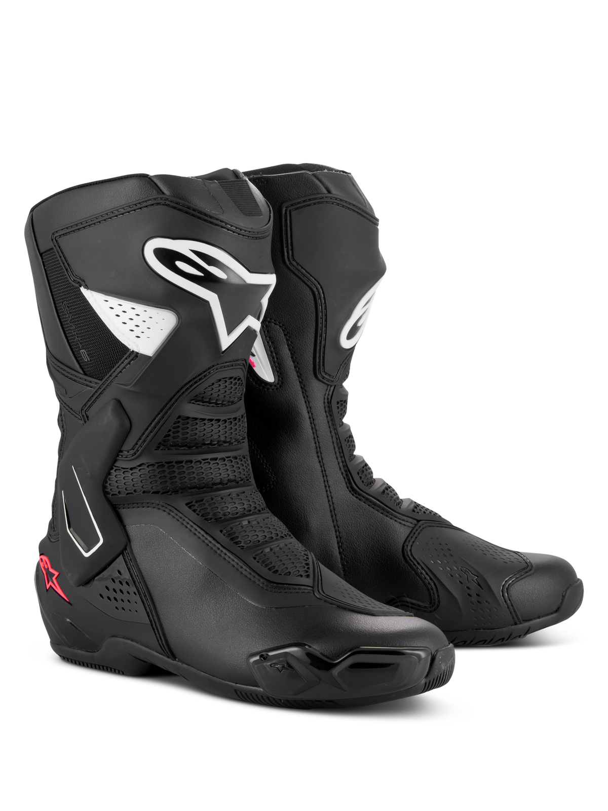 Alpinestars Stella SMX-6 V3 Boots, damskie buty motocyklowe, czarno-białe z różowymi akcentami Diva Pink, białe logo Alpinestars i różowe detale w kształcie gwiazdy, smukła konstrukcja z mikrofibry z ochraniaczami TPU, wysoka wydajność na torze i ulicy