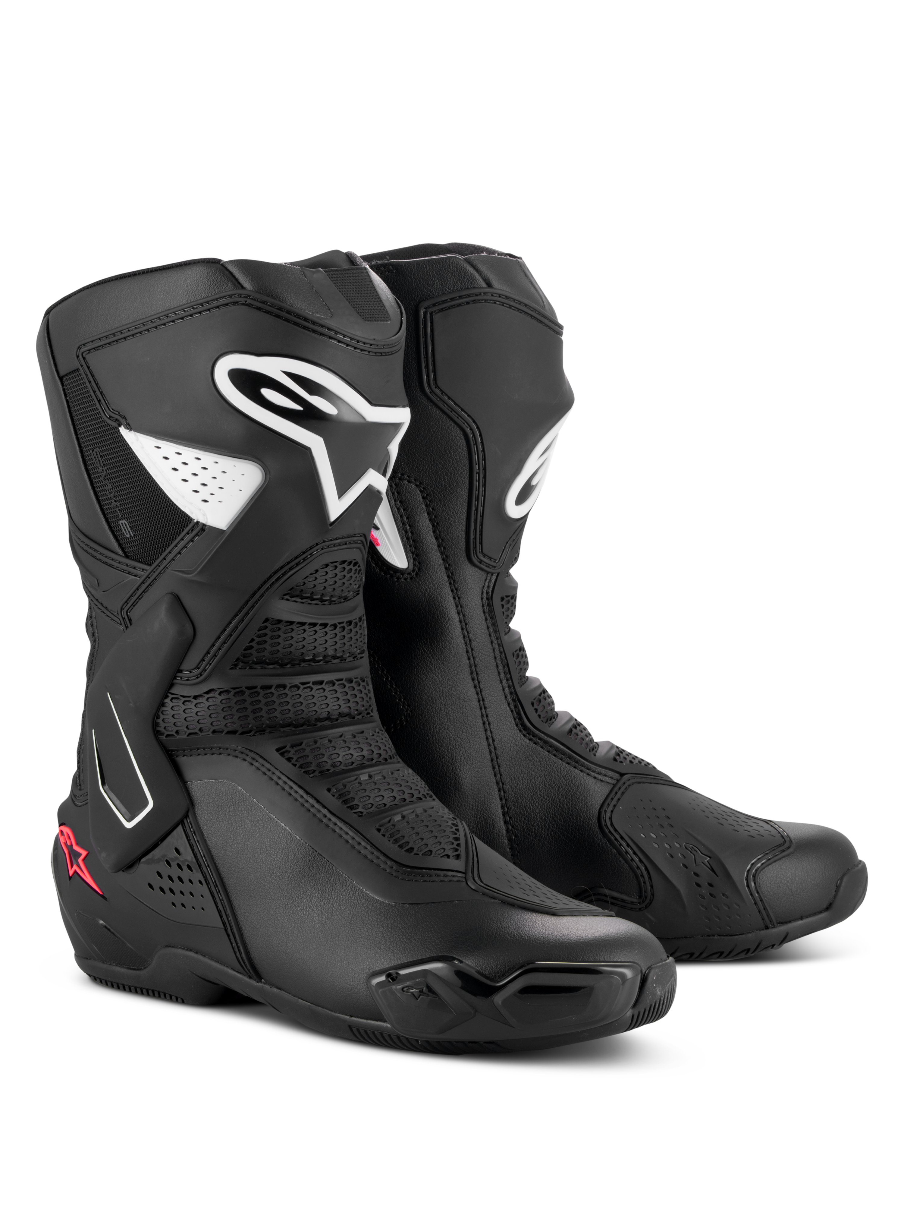 Alpinestars Stella SMX-6 V3 Boots, damskie buty motocyklowe, czarno-białe z różowymi akcentami Diva Pink, białe logo Alpinestars i różowe detale w kształcie gwiazdy, smukła konstrukcja z mikrofibry z ochraniaczami TPU, wysoka wydajność na torze i ulicy